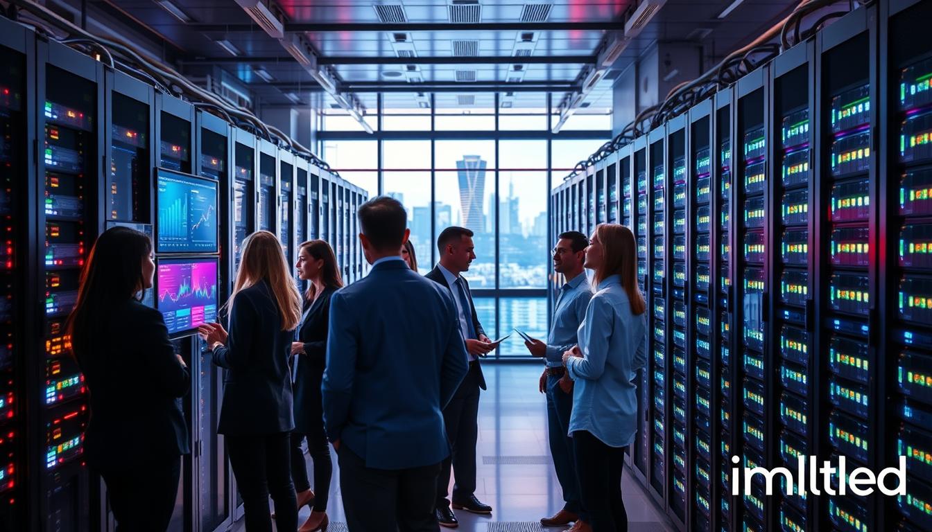 A modern data center bustling with activity, showcasing the importance of standard data center management in LED strip light applications. In the foreground, a diverse team of professionals in business attire discusses data analytics over digital screens glowing with vivid colors, emphasizing efficiency. The middle ground captures rows of server racks, illuminated by dynamic LED strip lights in various hues, symbolizing advanced technology and energy management. The background features a large window revealing a city skyline, casting natural light into the high-tech environment. Soft, cool lighting enhances the atmosphere of innovation and teamwork. Include a stylish logo for "imltlled" discreetly in the corner, ensuring it blends with the overall design. A modern data center bustling with activity, showcasing the importance of standard data center management in LED strip light applications. In the foreground, a diverse team of professionals in business attire discusses data analytics over digital screens glowing with vivid colors, emphasizing efficiency. The middle ground captures rows of server racks, illuminated by dynamic LED strip lights in various hues, symbolizing advanced technology and energy management. The background features a large window revealing a city skyline, casting natural light into the high-tech environment. Soft, cool lighting enhances the atmosphere of innovation and teamwork. Include a stylish logo for "imltlled" discreetly in the corner, ensuring it blends with the overall design.