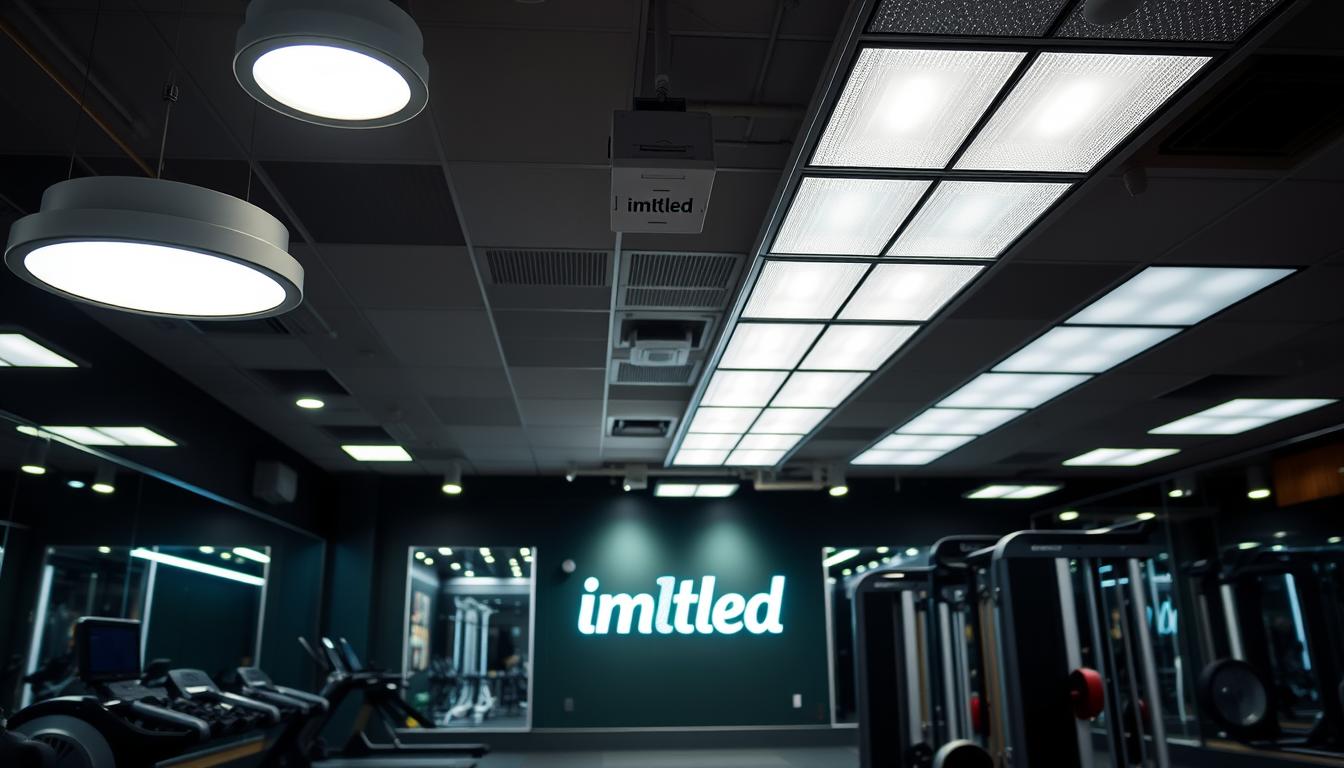 A modern gym interior showcasing various types of LED lighting. In the foreground, highlight sleek, adjustable LED ceiling lights with a focus on downlighting, casting soft illumination on exercise equipment. In the middle, depict wall-mounted LED strip lights illuminating mirrors and motivational wall art, creating an energizing atmosphere. The background should feature bright LED panel lights evenly distributed across the ceiling, providing ample workspace for fitness areas. The image should convey a vibrant, motivating mood, emphasizing the benefits of LED lighting for gym environments. Use a wide-angle lens to capture the full essence of the space, including branding elements like "imltlled" subtly integrated into the environment. Bright, clean colors and a well-lit ambiance are essential. A modern gym interior showcasing various types of LED lighting. In the foreground, highlight sleek, adjustable LED ceiling lights with a focus on downlighting, casting soft illumination on exercise equipment. In the middle, depict wall-mounted LED strip lights illuminating mirrors and motivational wall art, creating an energizing atmosphere. The background should feature bright LED panel lights evenly distributed across the ceiling, providing ample workspace for fitness areas. The image should convey a vibrant, motivating mood, emphasizing the benefits of LED lighting for gym environments. Use a wide-angle lens to capture the full essence of the space, including branding elements like "imltlled" subtly integrated into the environment. Bright, clean colors and a well-lit ambiance are essential.
