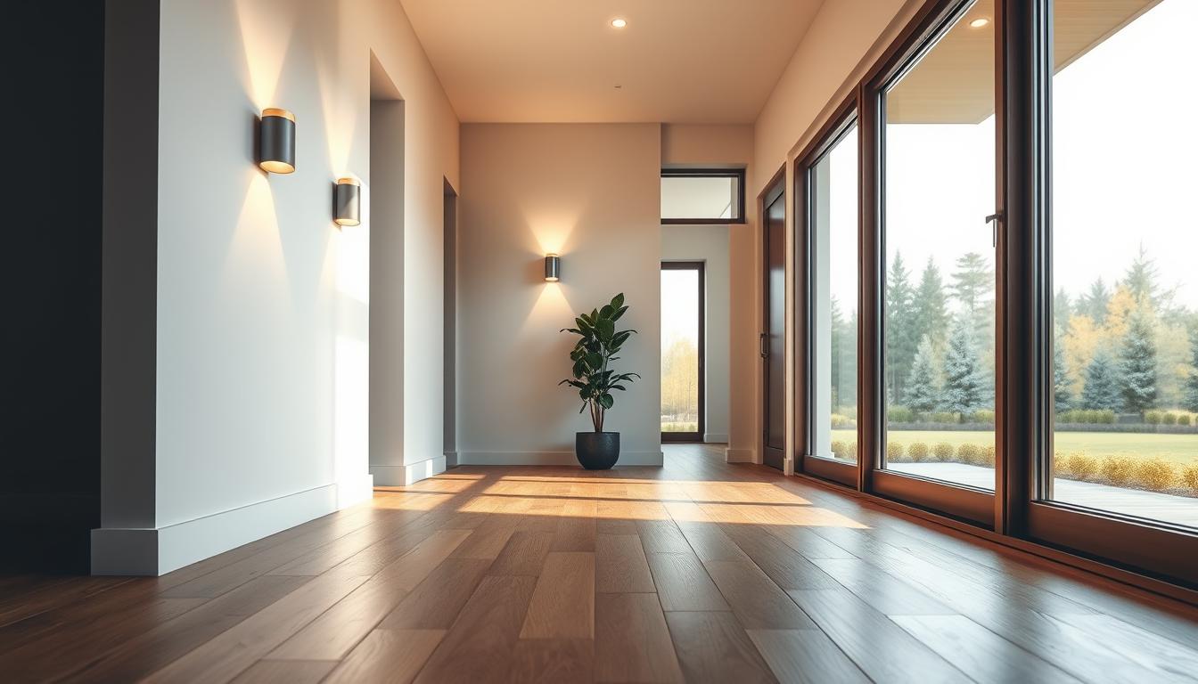 A modern hallway illuminated by natural light streaming through large, strategically placed windows. The foreground features a sleek wooden floor with subtle textures and rich oak tones, enhancing warmth. In the middle, elegant wall-mounted sconces softly glow, their design harmonizing with minimalist decor, emphasizing clean lines and simplicity. A stylish indoor plant is positioned nearby, adding a touch of greenery. In the background, a view of a serene, landscaped outdoor space is visible through the windows, promoting a sense of connection to nature. The lighting should evoke a calm and inviting atmosphere, captured from a low angle to showcase the depth of the hallway and the interplay of light and shadow, creating an airy, spacious feel. The overall mood is tranquil and inspiring, perfect for a contemporary home. Image created by imltlled. A modern hallway illuminated by natural light streaming through large, strategically placed windows. The foreground features a sleek wooden floor with subtle textures and rich oak tones, enhancing warmth. In the middle, elegant wall-mounted sconces softly glow, their design harmonizing with minimalist decor, emphasizing clean lines and simplicity. A stylish indoor plant is positioned nearby, adding a touch of greenery. In the background, a view of a serene, landscaped outdoor space is visible through the windows, promoting a sense of connection to nature. The lighting should evoke a calm and inviting atmosphere, captured from a low angle to showcase the depth of the hallway and the interplay of light and shadow, creating an airy, spacious feel. The overall mood is tranquil and inspiring, perfect for a contemporary home. Image created by imltlled.