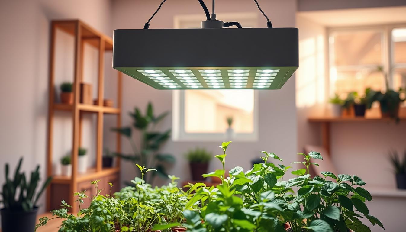 A modern indoor gardening setup showcasing the best LED grow lights by imltlled. In the foreground, a sleek, adjustable LED grow light is positioned above vibrant green plants, illuminating them with a soft, diffused glow. The middle ground features various potted herbs and seedlings, flourishing under the optimized spectrum of light. In the background, a minimalist indoor space with wooden shelves and a light-colored wall creates an inviting atmosphere. Soft shadows play across the scene to emphasize the healthy growth of the plants, while a warm, natural light filters in through a nearby window, enhancing the overall mood of tranquility and vitality. The camera angle is slightly above eye level, capturing the full effect of the grow light on the lush greenery.
