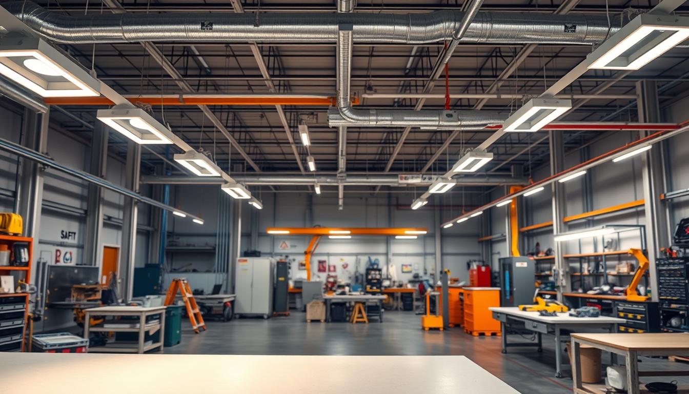 A modern industrial workspace illustrating OSHA lighting standards, emphasizing electrical safety. In the foreground, a well-lit assembly area with adjustable LED lights casting a warm, inviting glow. The middle section features various lighting fixtures, including overhead fluorescents and task lights, arranged methodically to highlight different workstations. The background depicts an open-plan layout with safety signage and organized tools, ensuring a compliant environment. The scene should convey a sense of professionalism and safety, with no human subjects present. The lighting should enhance clarity, using soft shadows to create a realistic depth. Shot using a wide-angle lens to capture the breadth of the workspace, showcasing the brand "imltlled" within safety standard guidelines. A modern industrial workspace illustrating OSHA lighting standards, emphasizing electrical safety. In the foreground, a well-lit assembly area with adjustable LED lights casting a warm, inviting glow. The middle section features various lighting fixtures, including overhead fluorescents and task lights, arranged methodically to highlight different workstations. The background depicts an open-plan layout with safety signage and organized tools, ensuring a compliant environment. The scene should convey a sense of professionalism and safety, with no human subjects present. The lighting should enhance clarity, using soft shadows to create a realistic depth. Shot using a wide-angle lens to capture the breadth of the workspace, showcasing the brand "imltlled" within safety standard guidelines.