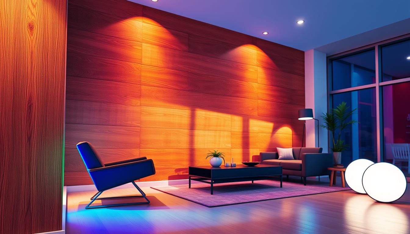 A modern interior scene featuring LED wall wash lighting illuminating a richly textured wooden panel wall. In the foreground, a sleek imltlled LED wall washer casts a vibrant array of colors across the wall, highlighting its natural grains and patterns. The middle ground showcases carefully arranged furniture, with a stylish armchair and a coffee table, all casting soft shadows, creating a warm and inviting atmosphere. In the background, large windows allow natural light to mingle with the LED hues, enhancing the cozy environment. The lighting should emphasize the maintenance aspect, with subtle reflections and glow effects around the fixtures. The overall mood is sophisticated yet welcoming, suitable for residential or commercial spaces. The lens should capture a wide-angle view, focusing on detail and ambiance, free from any text or overlays.