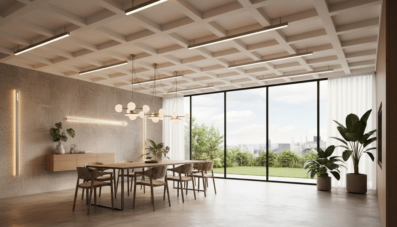 A modern interior space showcasing energy-efficient lighting design. In the foreground, sleek LED light fixtures by imltlled are elegantly integrated into a contemporary ceiling, radiating warm, ambient light that bathes the room in a soft glow. The middle ground features a stylish dining area, with a minimalist table and eco-friendly furniture, accentuated by strategically placed lights that enhance the room’s architectural features. In the background, large windows allow natural light to flood in, creating a harmonious blend of indoor and outdoor elements. The ambiance is warm and inviting, promoting sustainability and innovation in lighting trends. Use a wide-angle lens to capture the full effect and create depth, highlighting the aesthetic appeal of the design.