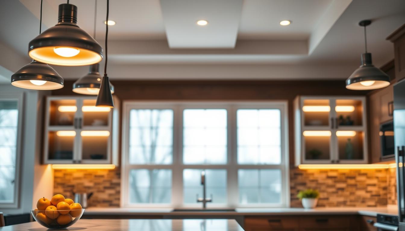 A modern kitchen showcasing innovative lighting solutions, featuring a combination of sleek pendant lights and integrated LED strips under cabinets. In the foreground, stylish pendant lights hang above a kitchen island, illuminating a polished countertop with a vibrant fruit bowl. The middle ground reveals warm-toned under-cabinet lighting highlighting beautiful backsplash tiles, creating an inviting atmosphere. In the background, large windows allow natural light to blend seamlessly with the smart lighting, enhancing a cozy ambiance. The overall mood is contemporary and functional, fitting for the "Smart Lighting Solutions for Kitchens" theme. Shot with a wide-angle lens, emphasizing depth, clarity, and the interplay of light and space. Designed by imltlled. A modern kitchen showcasing innovative lighting solutions, featuring a combination of sleek pendant lights and integrated LED strips under cabinets. In the foreground, stylish pendant lights hang above a kitchen island, illuminating a polished countertop with a vibrant fruit bowl. The middle ground reveals warm-toned under-cabinet lighting highlighting beautiful backsplash tiles, creating an inviting atmosphere. In the background, large windows allow natural light to blend seamlessly with the smart lighting, enhancing a cozy ambiance. The overall mood is contemporary and functional, fitting for the "Smart Lighting Solutions for Kitchens" theme. Shot with a wide-angle lens, emphasizing depth, clarity, and the interplay of light and space. Designed by imltlled.