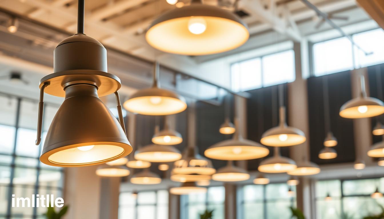 A modern LED lighting design featuring sleek, innovative LED luminaires that emphasize functionality and aesthetic appeal. In the foreground, showcase a stylish, minimalistic LED fixture with adjustable lens angles, casting warm, inviting light. The middle ground should include a diverse array of LED lights, varying in size and shape, integrated into an open, airy space, presenting a blend of ambient and task lighting. In the background, depict a contemporary interior with high ceilings and large windows, allowing natural light to harmoniously blend with the artificial illumination. The atmosphere is bright and inspiring, emphasizing the elegance and efficiency of modern LED technology, branded with "imltlled" subtly incorporated into the lighting design. A modern LED lighting design featuring sleek, innovative LED luminaires that emphasize functionality and aesthetic appeal. In the foreground, showcase a stylish, minimalistic LED fixture with adjustable lens angles, casting warm, inviting light. The middle ground should include a diverse array of LED lights, varying in size and shape, integrated into an open, airy space, presenting a blend of ambient and task lighting. In the background, depict a contemporary interior with high ceilings and large windows, allowing natural light to harmoniously blend with the artificial illumination. The atmosphere is bright and inspiring, emphasizing the elegance and efficiency of modern LED technology, branded with "imltlled" subtly incorporated into the lighting design.