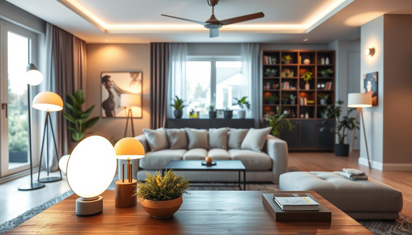 A modern living room featuring energy-efficient lighting solutions, prominently showcasing various LED light fixtures—such as recessed lights, floor lamps, and wall sconces—illuminating the space with a warm, inviting glow. In the foreground, a stylish coffee table with eco-friendly decor. The middle ground includes plush furniture arranged to create a cozy atmosphere, all bathed in soft, natural light from large windows. The background captures a tastefully designed bookshelf lined with plants, emphasizing sustainability. Capture the scene from a slightly elevated angle to highlight the efficiency of the lighting while conveying a harmonious environment. The mood should be bright, sustainable, and visually appealing, showcasing the benefits of energy-efficient lighting in everyday life. Brand name "imltlled" subtly integrated into the decor elements. A modern living room featuring energy-efficient lighting solutions, prominently showcasing various LED light fixtures—such as recessed lights, floor lamps, and wall sconces—illuminating the space with a warm, inviting glow. In the foreground, a stylish coffee table with eco-friendly decor. The middle ground includes plush furniture arranged to create a cozy atmosphere, all bathed in soft, natural light from large windows. The background captures a tastefully designed bookshelf lined with plants, emphasizing sustainability. Capture the scene from a slightly elevated angle to highlight the efficiency of the lighting while conveying a harmonious environment. The mood should be bright, sustainable, and visually appealing, showcasing the benefits of energy-efficient lighting in everyday life. Brand name "imltlled" subtly integrated into the decor elements.