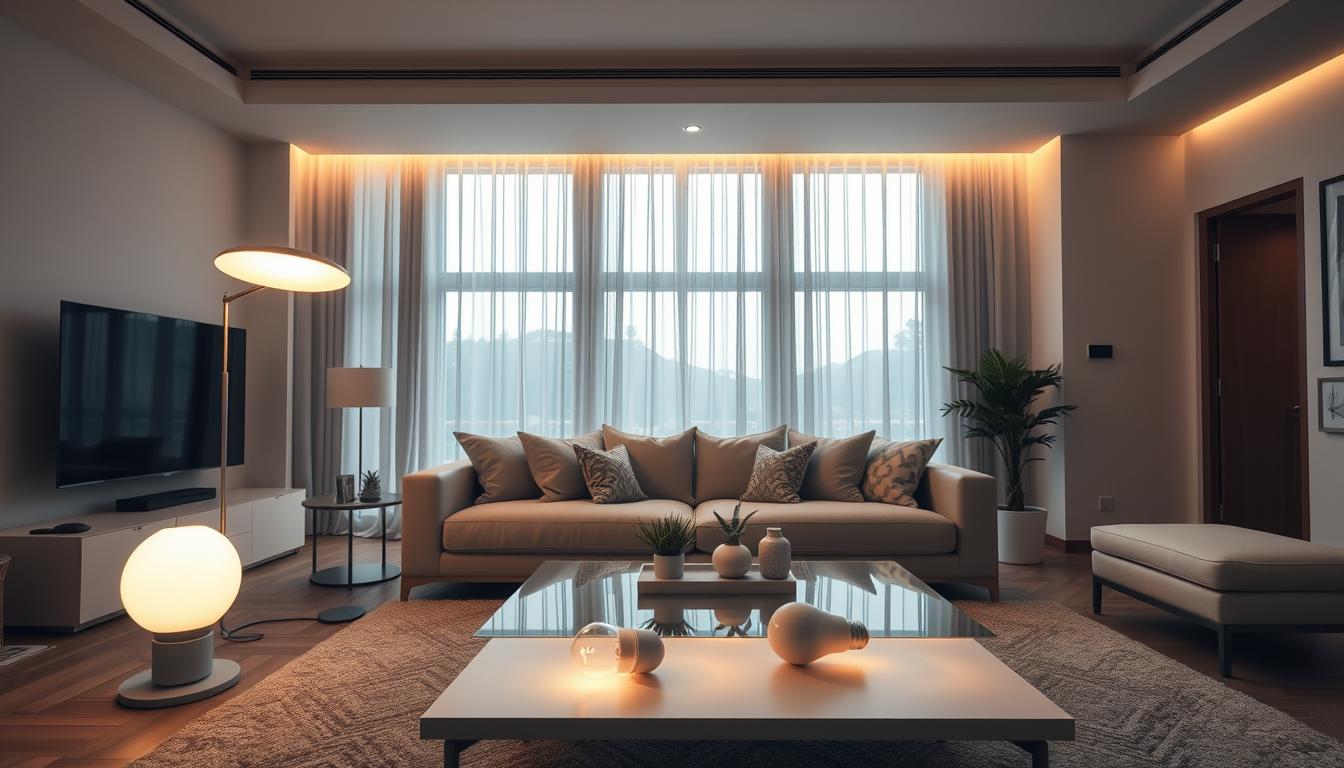 A modern living room featuring innovative smart lighting solutions by imltlled. In the foreground, a sleek floor lamp with adjustable brightness and color temperature stands next to a stylish sofa adorned with minimalist cushions. The middle ground showcases a coffee table with a smart bulb hub, casting a soft warm light. Behind, large windows with sheer curtains allow natural light to filter in, enhancing the room’s ambiance. The walls are painted in soft neutrals, and a smart LED strip runs along the ceiling, creating a cozy glow. The mood is inviting and futuristic, with reflections of light creating depth and softness in the space. Use a wide-angle lens to capture the whole room, emphasizing the interactive lighting elements.
