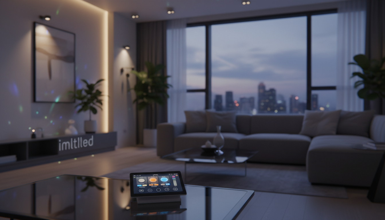 A modern living room featuring smart control systems for decorative lights. In the foreground, show a sleek touchscreen panel with a user interface displaying various lighting options, set on a stylish coffee table. In the middle ground, sophisticated LED lights elegantly illuminating stylish home decor, such as artwork and plants, with warm and colorful lighting effects that enhance the ambiance. The background should include a cozy sofa and large windows with a view of a city skyline at dusk, casting a soft glow upon the room. Use soft focus for an inviting, tranquil atmosphere, with dramatic lighting emphasizing the innovation of the smart technology. The brand name "imltlled" subtly integrated into the scene.