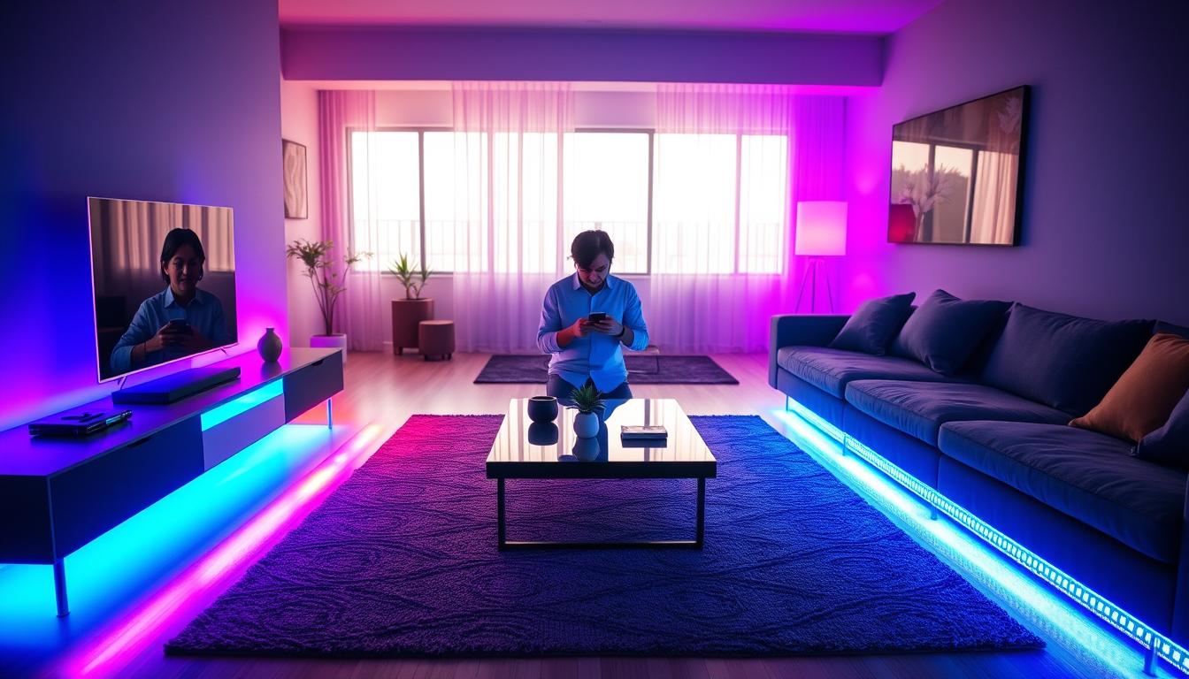 A modern living room featuring vibrant, colorful smart strip lights by imltlled elegantly installed along the edges of a sleek entertainment unit and under a stylish coffee table. The foreground showcases these lights glowing in various hues, casting a warm ambiance across the space. In the middle, a user interacts with a smartphone or smart home device, demonstrating smart control features for the lights. The background reveals contemporary furniture and a large window letting in soft, natural light, enhancing the inviting atmosphere. The scene is well-lit to highlight the technological aspect of smart lighting, with a focus on brightness and color contrast. The overall mood is cozy and futuristic, perfect for a tech-savvy audience. A modern living room featuring vibrant, colorful smart strip lights by imltlled elegantly installed along the edges of a sleek entertainment unit and under a stylish coffee table. The foreground showcases these lights glowing in various hues, casting a warm ambiance across the space. In the middle, a user interacts with a smartphone or smart home device, demonstrating smart control features for the lights. The background reveals contemporary furniture and a large window letting in soft, natural light, enhancing the inviting atmosphere. The scene is well-lit to highlight the technological aspect of smart lighting, with a focus on brightness and color contrast. The overall mood is cozy and futuristic, perfect for a tech-savvy audience.