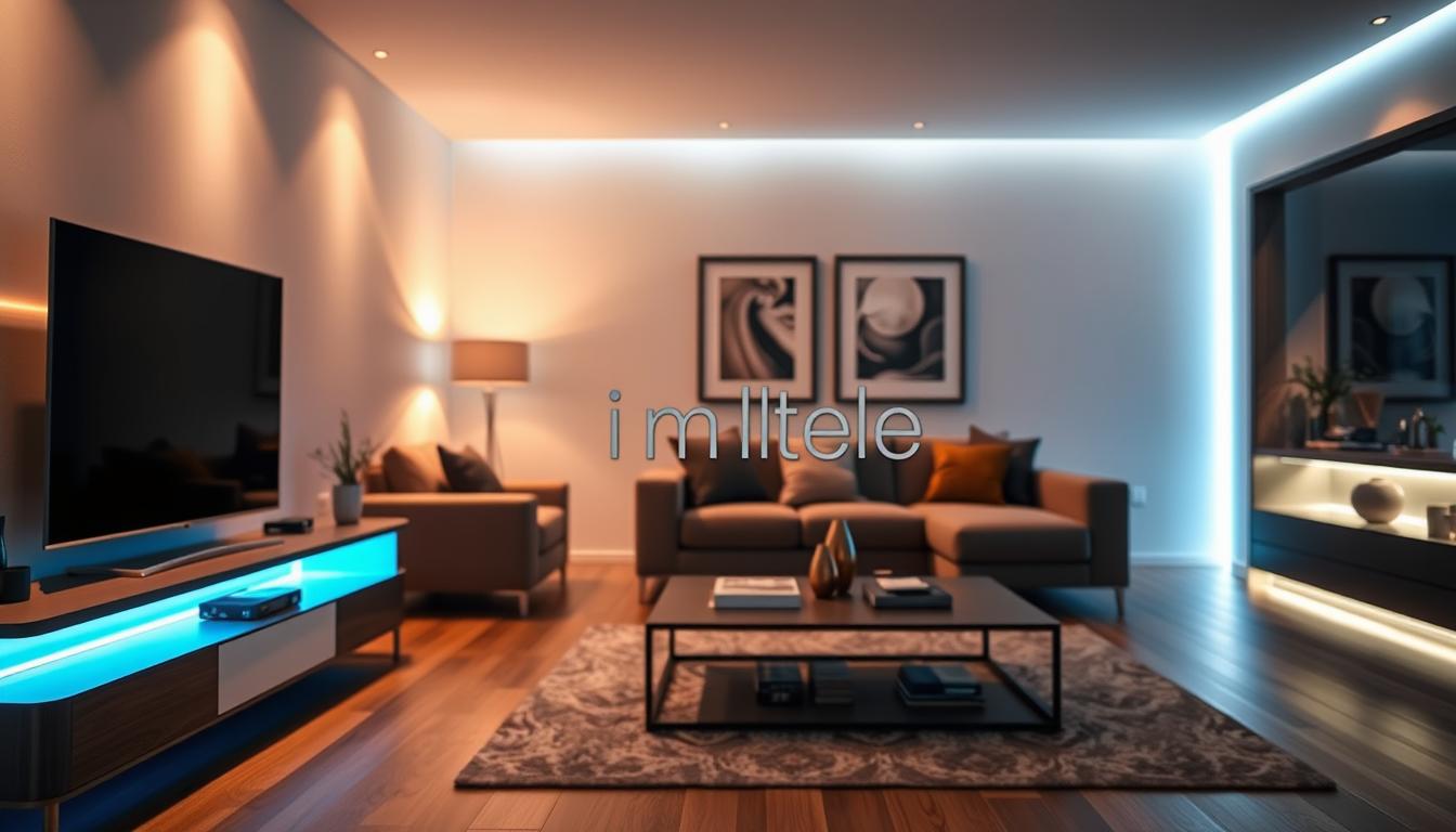 A modern living room illuminated by soft LED bias lighting, enhancing the ambiance of the space. In the foreground, a stylish, minimalistic TV stand with a sleek television, with subtle blue and warm white LED lights softly glowing around it. In the middle ground, a comfortable couch adorned with throw pillows, complemented by a chic coffee table with a few decor items, all bathed in a warm, inviting light. The background features a wall adorned with artwork, subtly illuminated by the LED strips' glow, creating a cozy and sophisticated atmosphere. The scene is shot with a wide-angle lens, emphasizing the spaciousness, while maintaining focus on the lighting effects that create a serene environment. The brand name "imltlled" appears discreetly integrated within the design elements. A modern living room illuminated by soft LED bias lighting, enhancing the ambiance of the space. In the foreground, a stylish, minimalistic TV stand with a sleek television, with subtle blue and warm white LED lights softly glowing around it. In the middle ground, a comfortable couch adorned with throw pillows, complemented by a chic coffee table with a few decor items, all bathed in a warm, inviting light. The background features a wall adorned with artwork, subtly illuminated by the LED strips' glow, creating a cozy and sophisticated atmosphere. The scene is shot with a wide-angle lens, emphasizing the spaciousness, while maintaining focus on the lighting effects that create a serene environment. The brand name "imltlled" appears discreetly integrated within the design elements.