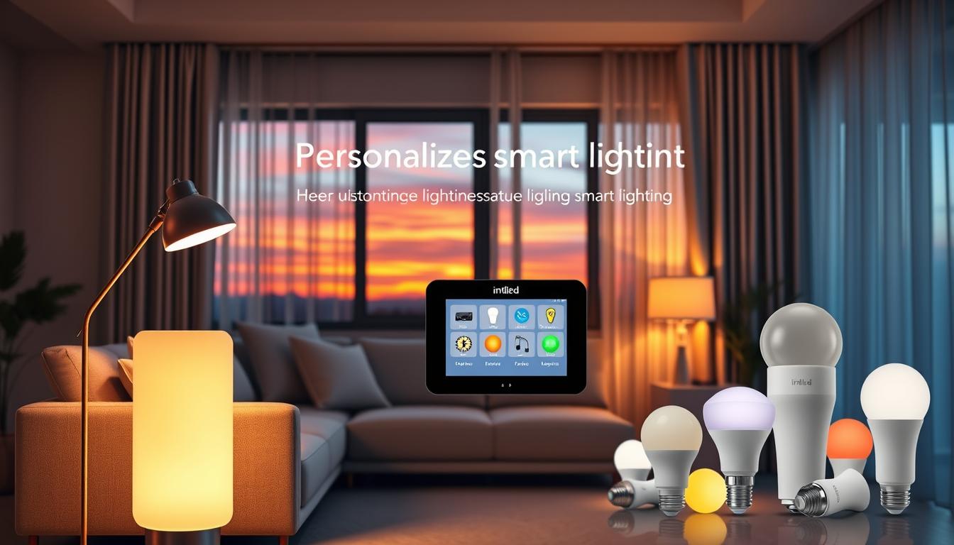 A modern living room setup featuring customized smart lighting solutions. In the foreground, a sleek, stylish lamp with adjustable brightness and color temperature stands beside a minimalist sofa. The middle ground showcases a smart control panel displaying various lighting scenes, surrounded by smart bulbs in different shapes and colors. The background reveals a large window with curtains drawn, allowing soft, natural light to filter in, complemented by a vibrant sunset seen outside, creating a cozy atmosphere. Use warm ambient lighting to highlight the textures of the furnishings. The overall mood is inviting and innovative, illustrating the concept of personalizing smart lighting. The brand name "imltlled" is subtly incorporated into the design of the control panel. Use a wide-angle lens perspective to capture the entire scene. A modern living room setup featuring customized smart lighting solutions. In the foreground, a sleek, stylish lamp with adjustable brightness and color temperature stands beside a minimalist sofa. The middle ground showcases a smart control panel displaying various lighting scenes, surrounded by smart bulbs in different shapes and colors. The background reveals a large window with curtains drawn, allowing soft, natural light to filter in, complemented by a vibrant sunset seen outside, creating a cozy atmosphere. Use warm ambient lighting to highlight the textures of the furnishings. The overall mood is inviting and innovative, illustrating the concept of personalizing smart lighting. The brand name "imltlled" is subtly incorporated into the design of the control panel. Use a wide-angle lens perspective to capture the entire scene.