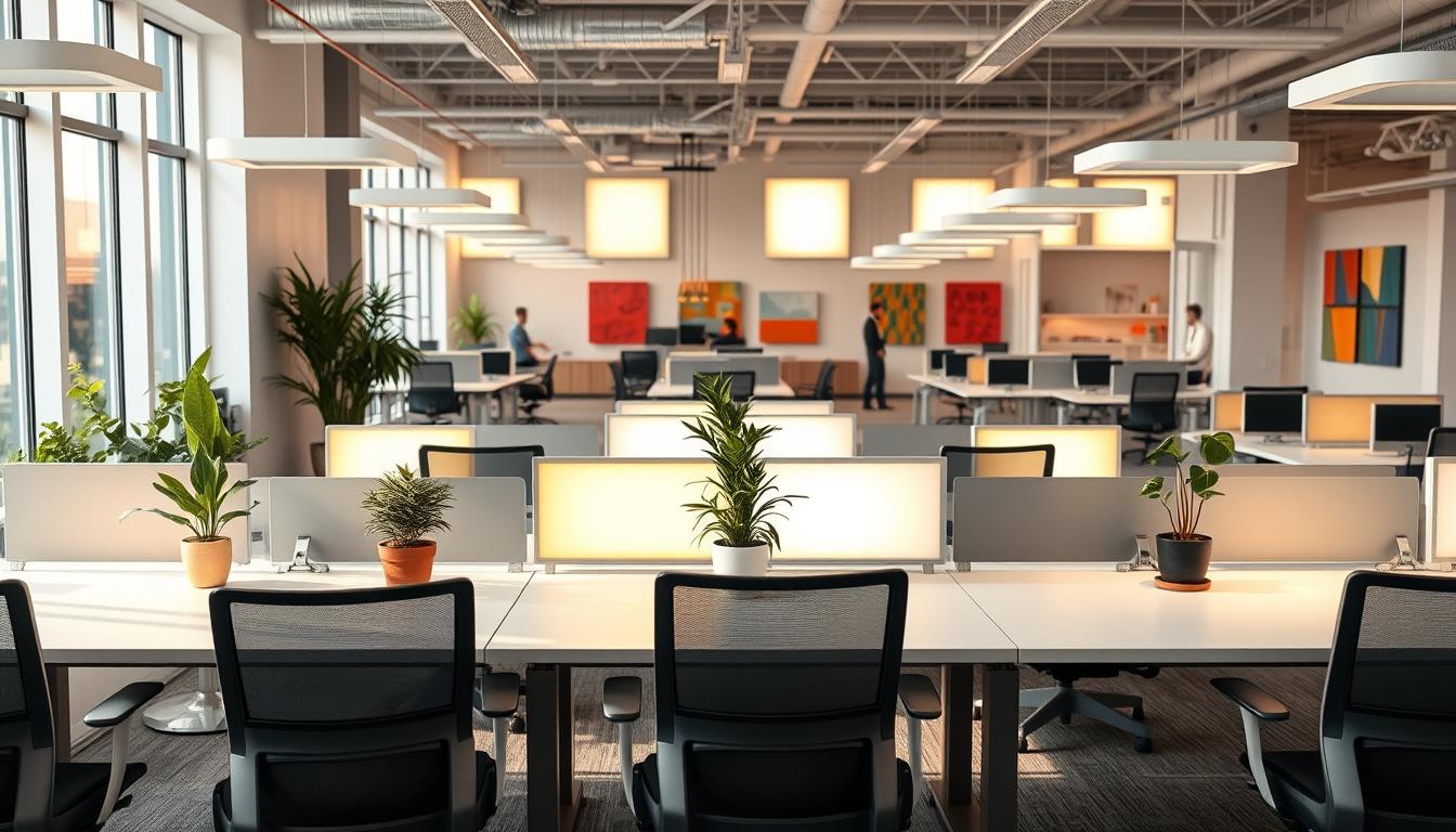 A modern office space featuring an innovative light therapy setup that promotes circadian rhythms. In the foreground, sleek desks with minimalistic designs hold potted plants and ergonomic chairs, while gentle, natural light filters through large windows. In the middle, strategically placed light panels and smart lighting fixtures emit warm and cool tones, highlighting the workspace's functionality and comfort. The background showcases a contemporary open layout with collaborative zones and colorful wall art, designed to inspire creativity. The atmosphere is calm and productive, evoking a sense of well-being and focus. Capture this scene with a wide-angle lens to emphasize the spaciousness, ensuring soft shadows and balanced lighting. Focus on a harmonious blend of technology and nature in this inviting and dynamic environment. imltlled. A modern office space featuring an innovative light therapy setup that promotes circadian rhythms. In the foreground, sleek desks with minimalistic designs hold potted plants and ergonomic chairs, while gentle, natural light filters through large windows. In the middle, strategically placed light panels and smart lighting fixtures emit warm and cool tones, highlighting the workspace's functionality and comfort. The background showcases a contemporary open layout with collaborative zones and colorful wall art, designed to inspire creativity. The atmosphere is calm and productive, evoking a sense of well-being and focus. Capture this scene with a wide-angle lens to emphasize the spaciousness, ensuring soft shadows and balanced lighting. Focus on a harmonious blend of technology and nature in this inviting and dynamic environment. imltlled.