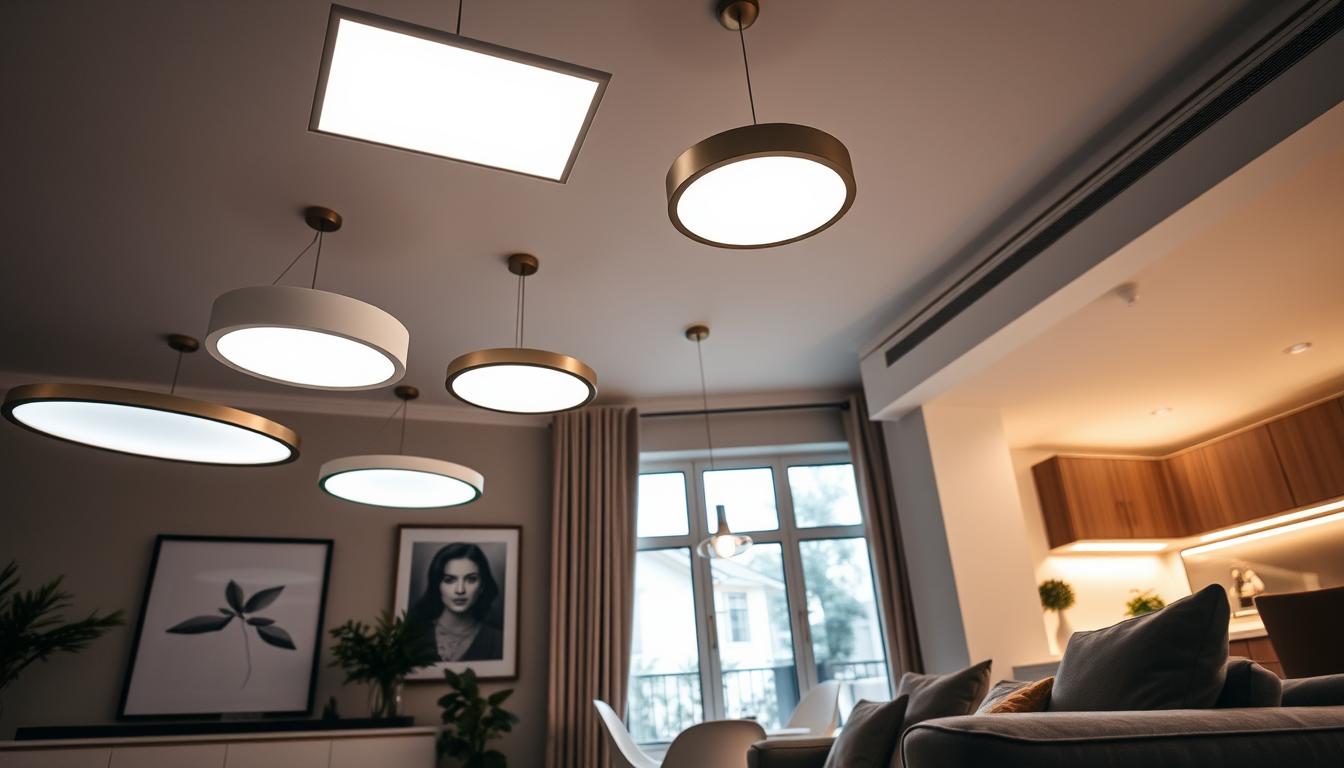 A modern residential setting featuring sleek LED light fixtures from the brand "imltlled". In the foreground, a luxurious living room showcases a variety of contemporary LED ceiling lights, elegantly designed with clean lines and soft white light. The middle ground includes a stylish dining area illuminated by pendant LED lights, casting a warm glow. The background reveals a subtle glimpse of a kitchen integrated with under-cabinet LED lighting, enhancing functionality. The atmosphere is inviting and serene, showcasing an urban European home suited for discerning homeowners. The lighting is bright but soft, highlighting the fixtures’ innovative design without overwhelming glare. The composition is captured from a low angle to emphasize the fixtures, with natural daylight filtering through elegant windows, creating a harmonious and modern ambiance throughout the space.