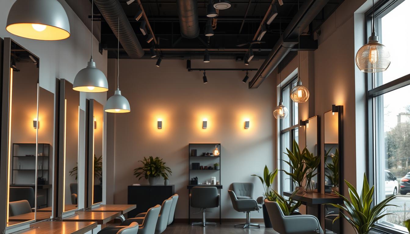 A modern salon interior featuring an innovative lighting design, showcasing various types of lighting fixtures strategically placed to enhance the atmosphere. In the foreground, sleek salon stations with contemporary mirrors reflect warm, ambient light from stylish pendant lamps. The middle section highlights wall-mounted sconces illuminating hair styling stations, casting soft shadows that create a welcoming ambiance. The background features natural light streaming through large windows, complemented by minimalist decor and vibrant plants. Capture a balanced composition with a cozy, professional mood, emphasizing the importance of thoughtful lighting placement. Use a 50mm lens angle to focus on the interplay of light and space, showcasing how effective salon lighting enhances the overall experience. Brand name: imltlled.