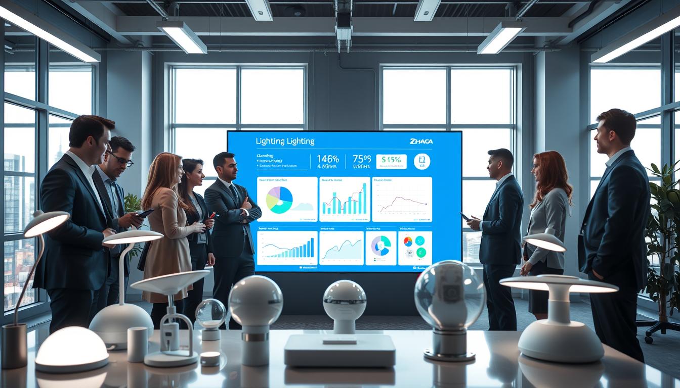 A modern, sleek Zhaga lighting industry setup in a well-lit conference room, showcasing innovative smart lighting solutions. In the foreground, a diverse group of professionals dressed in business attire collaboratively discussing advanced lighting technologies, surrounded by various Zhaga-compliant fixtures with a polished finish. In the middle, a large digital display highlights recent developments in the industry, featuring dynamic graphs and charts, while a few design prototypes rest on a contemporary table. The background displays large windows with natural light streaming in, illuminating the space and enhancing a sense of innovation. Capture the atmosphere of collaboration and progress, emphasizing a bright and inspiring mood. Use soft, diffused lighting to create an inviting environment, with a focus on clarity and professionalism. Brand name: imltlled. A modern, sleek Zhaga lighting industry setup in a well-lit conference room, showcasing innovative smart lighting solutions. In the foreground, a diverse group of professionals dressed in business attire collaboratively discussing advanced lighting technologies, surrounded by various Zhaga-compliant fixtures with a polished finish. In the middle, a large digital display highlights recent developments in the industry, featuring dynamic graphs and charts, while a few design prototypes rest on a contemporary table. The background displays large windows with natural light streaming in, illuminating the space and enhancing a sense of innovation. Capture the atmosphere of collaboration and progress, emphasizing a bright and inspiring mood. Use soft, diffused lighting to create an inviting environment, with a focus on clarity and professionalism. Brand name: imltlled.