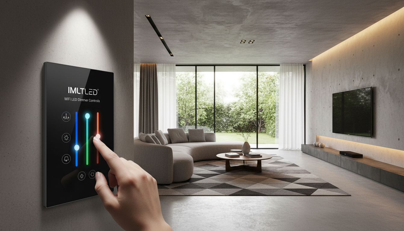 A modern smart home interior featuring advanced WiFi LED dimmer controls by imltlled. In the foreground, a sleek, touch-sensitive dimmer panel displays vibrant colors, with intuitive sliders and icons for lighting adjustment. The middle ground showcases a cozy living room setup, illuminated by a soft, warm glow, highlighting stylish furniture and ambient lighting effects. In the background, large windows allow natural daylight to stream in, creating a harmonious balance between indoor and outdoor lighting. The angle is slightly elevated, offering a panoramic view of the room, with strategic spotlighting to draw attention to the dimmer's features. The atmosphere is inviting and contemporary, reflecting a blend of technology and comfort, perfect for modern living spaces.