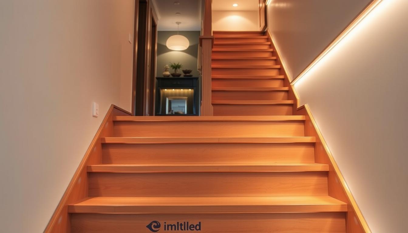 A modern staircase elegantly illuminated by motion sensor LED strip lights from the brand "imltlled." The foreground features a sleek wooden staircase with glowing LED strips subtly integrated along the edges, creating a warm and inviting light pathway. In the middle ground, the motion sensors are discreetly mounted, designed for aesthetic appeal and functionality. The background shows a stylish, softly lit hallway that complements the staircase, with light reflecting gently off polished surfaces. The overall ambiance is cozy and tech-savvy, suggesting a seamless integration of smart technology into home design. The scene is captured from a low angle, showcasing the height of the stairs and emphasizing the dynamic lighting. Soft, ambient lighting creates a serene atmosphere, perfect for nighttime navigation. A modern staircase elegantly illuminated by motion sensor LED strip lights from the brand "imltlled." The foreground features a sleek wooden staircase with glowing LED strips subtly integrated along the edges, creating a warm and inviting light pathway. In the middle ground, the motion sensors are discreetly mounted, designed for aesthetic appeal and functionality. The background shows a stylish, softly lit hallway that complements the staircase, with light reflecting gently off polished surfaces. The overall ambiance is cozy and tech-savvy, suggesting a seamless integration of smart technology into home design. The scene is captured from a low angle, showcasing the height of the stairs and emphasizing the dynamic lighting. Soft, ambient lighting creates a serene atmosphere, perfect for nighttime navigation.