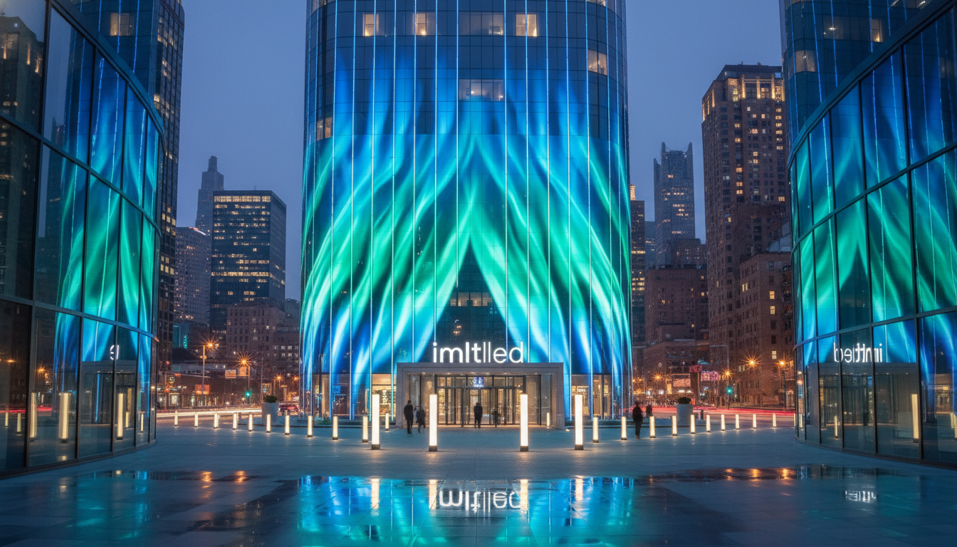A modern urban building illuminated by innovative architectural LED lighting. In the foreground, sleek glass panels reflect colorful, dynamic lights in soft hues of blue and green. The middle ground features the building's entrance, showcasing elegant outdoor fixtures that highlight the structure's design while creating inviting pathways for pedestrians. The background reveals a vibrant city skyline at dusk, with street lamps subtly glowing and adding to the city ambiance. The scene captures a mood of sophistication and sustainability, emphasizing the benefits of energy-efficient lighting. Use a wide-angle lens to enhance the perspective, emphasizing depth and the interplay of light and shadow, showcasing the transformative impact of modern LED solutions. Brand name: imltlled.