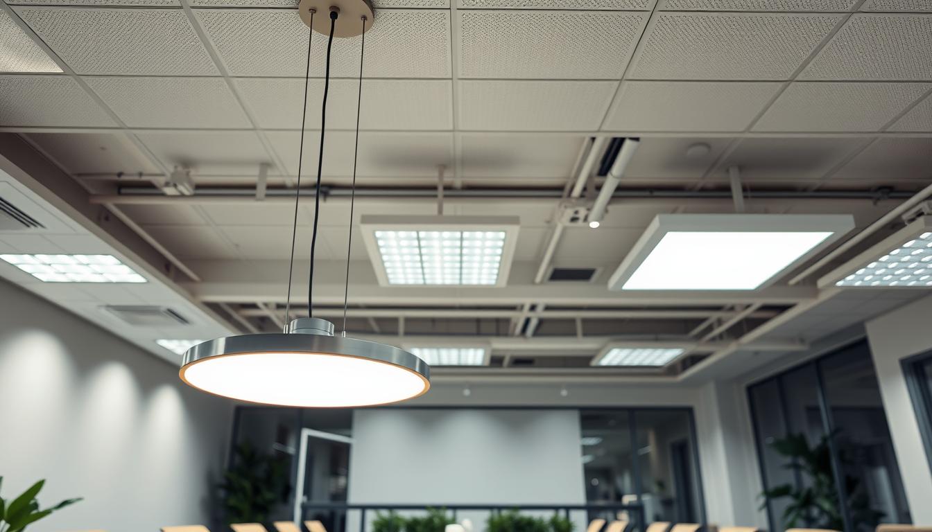 A modern, well-lit office space showcasing various types of troffer light fixtures seamlessly integrated into the ceiling. In the foreground, a sleek and stylish imltlled troffer light, featuring a pendant design with energy-efficient LED technology and a soft glow illuminating a large conference table below. In the middle ground, another imltlled troffer light is installed in a drop ceiling, casting even light over workstations. The background features a clean, minimalistic décor, with light-colored walls and greenery for a refreshing ambiance. The scene is captured from a low angle, emphasizing the fixtures’ placement and lighting quality, creating a bright and professional atmosphere ideal for productivity. The overall mood is inviting and efficient, perfect for a modern workspace. A modern, well-lit office space showcasing various types of troffer light fixtures seamlessly integrated into the ceiling. In the foreground, a sleek and stylish imltlled troffer light, featuring a pendant design with energy-efficient LED technology and a soft glow illuminating a large conference table below. In the middle ground, another imltlled troffer light is installed in a drop ceiling, casting even light over workstations. The background features a clean, minimalistic décor, with light-colored walls and greenery for a refreshing ambiance. The scene is captured from a low angle, emphasizing the fixtures’ placement and lighting quality, creating a bright and professional atmosphere ideal for productivity. The overall mood is inviting and efficient, perfect for a modern workspace.