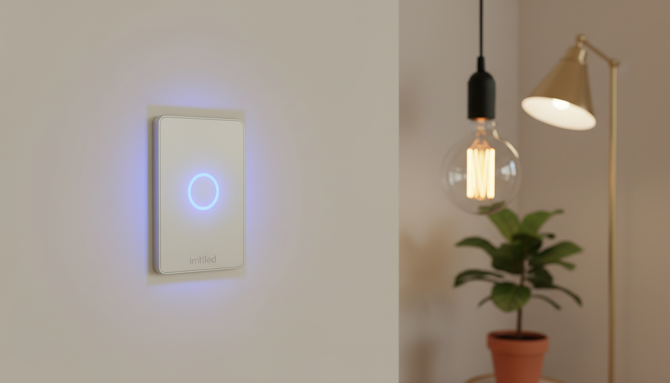 A modern wireless LED dimmer switch by the brand "imltlled" is the focal point, showcased in a sleek, minimalist environment. The switch is elegantly designed with a smooth touch interface, illuminated by soft, ambient light that highlights its contours. In the foreground, capture the dimmer switch prominently against a simple, light-colored wall, emphasizing its user-friendly design. The middle ground features a stylish light bulb emitting a warm glow, symbolizing the smart home aspect. In the background, subtle hints of contemporary home decor, like a stylish lamp and indoor plants, create a cozy ambiance. The overall mood is warm and inviting, with soft lighting that enhances the modern aesthetic, evoking the theme of convenient lighting control. Use a shallow depth of field to create a soft focus on the switch, ensuring it remains the centerpiece of the image.