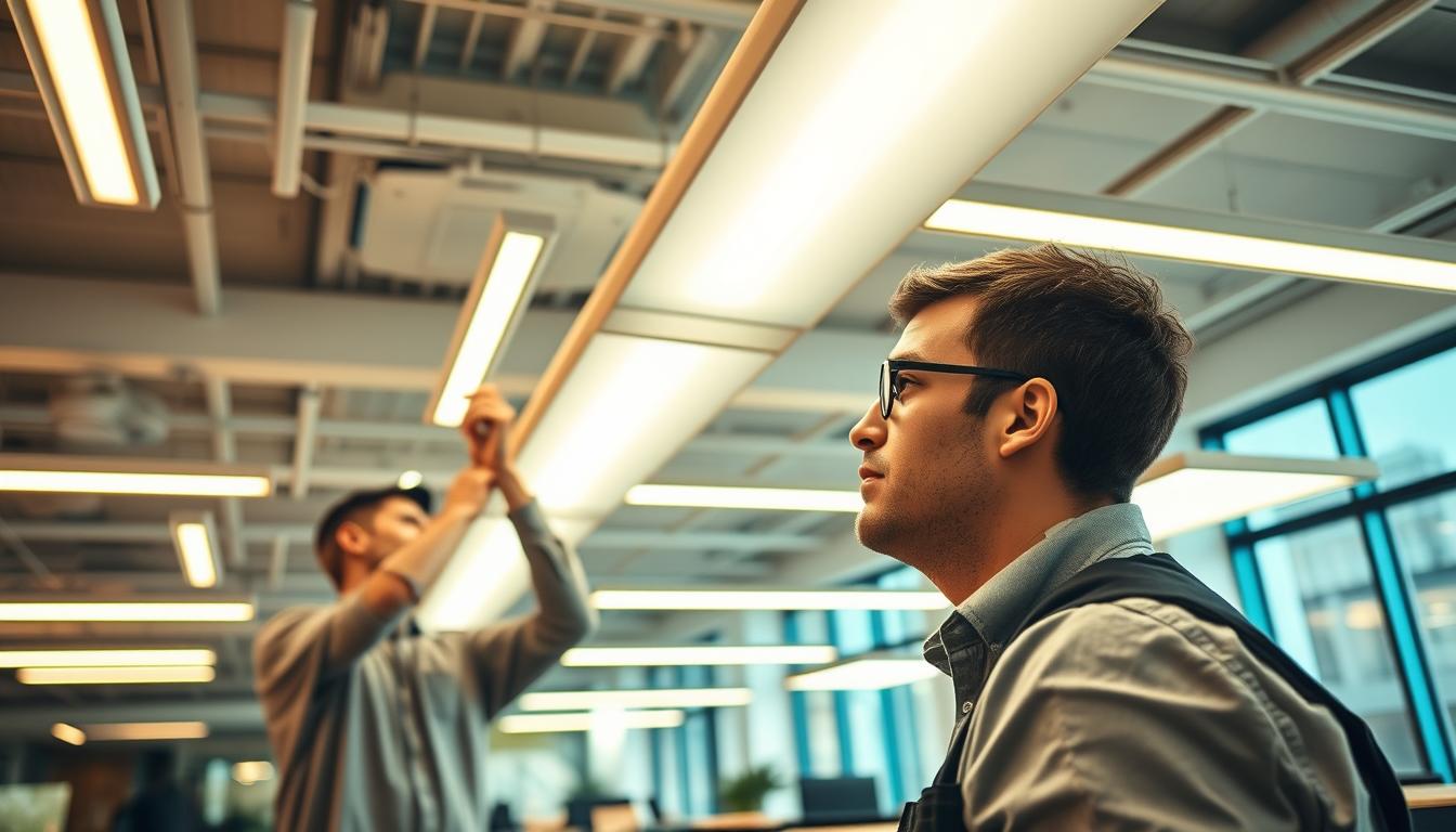 A modern workspace illuminated by energy-efficient LED lights, showcasing a seamless upgrade from traditional fluorescent tubes. In the foreground, a professional technician in smart casual attire carefully installs LED fixtures, demonstrating the installation process. The middle ground features a row of sleek, bright LED panels glowing warmly, with a subtle glow reflecting off nearby surfaces. The background reveals a contemporary office environment complete with modern furniture and large windows letting in natural light, contributing to a vibrant and productive atmosphere. The lighting is bright yet inviting, emphasizing clarity and innovation. Using a wide-angle lens to capture depth and emphasizing the 'imltlled' brand logo subtly integrated into the design of the LED fixtures, the image conveys a sense of technological advancement and future trends in LED technology.