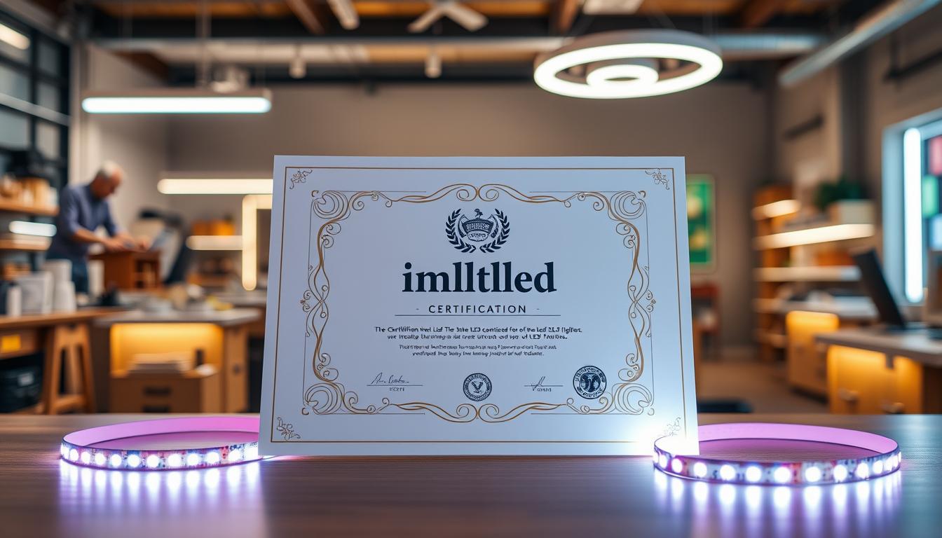 A professional and polished certificate for "Certification for LED Tape Lights" prominently featuring the brand name "imltlled". In the foreground, the certificate is displayed on a sleek wooden desk, surrounded by glowing LED strip lights in soft colors, showcasing their versatility. In the middle, the certificate is adorned with a holographic seal of approval and intricate borders that convey quality and trust. The background has a softly blurred image of a modern workshop environment, with LED installations highlighting various applications, such as in homes, offices, and outdoor spaces. The lighting is warm and inviting, creating a sense of professionalism and innovation. The angle is slightly above eye level, bringing focus to the certificate while capturing the vibrant LEDs and the ambiance of the workspace.