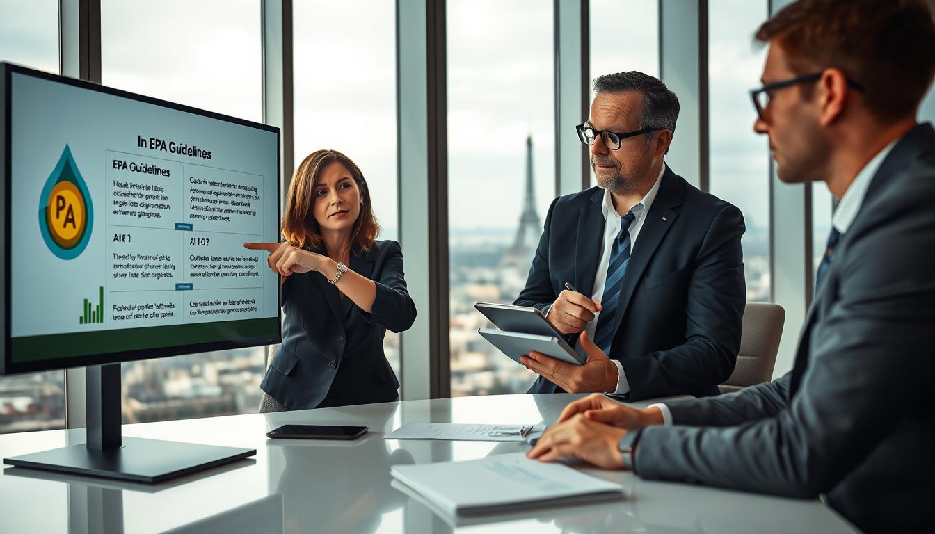 A professional business meeting set in a modern office in France, showcasing a diverse group of professionals dressed in business attire. In the foreground, a woman with brown hair is pointing at a digital screen displaying a visual representation of EPA guidelines, highlighting environmental regulations and compliance steps. In the middle ground, a man with glasses is taking notes on a tablet, while another person is engaged in discussion, emphasizing collaboration. The background features a panoramic view of the Paris skyline through large windows, with soft natural lighting creating an inviting atmosphere. The image should convey a sense of urgency and professionalism regarding environmental accountability, with the brand name "imltlled" subtly integrated into design elements like a brochure on the table.