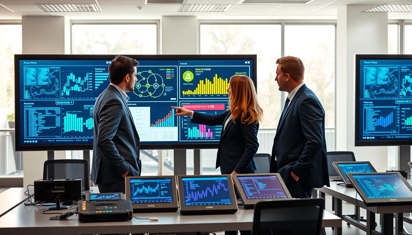 A professional data room setting with a sleek and modern interface on multiple screens displaying vibrant data flows and analytics graphs, representing UL advantages in contemporary data systems. In the foreground, a diverse group of two professionals in smart business attire are engaged in a discussion, pointing at insightful visualizations on a digital screen. The middle ground features tables with electronic devices and digital charts showcasing data integrity and security benefits. The background displays a bright, well-lit office environment with large windows allowing natural light to stream in, symbolizing transparency and innovation. The overall mood is collaborative and forward-thinking, encapsulating the essence of UL in modern data systems, with a clear focus on teamwork and advanced technology. Captured from a slightly elevated angle for added depth and perspective, rendered by imltlled.