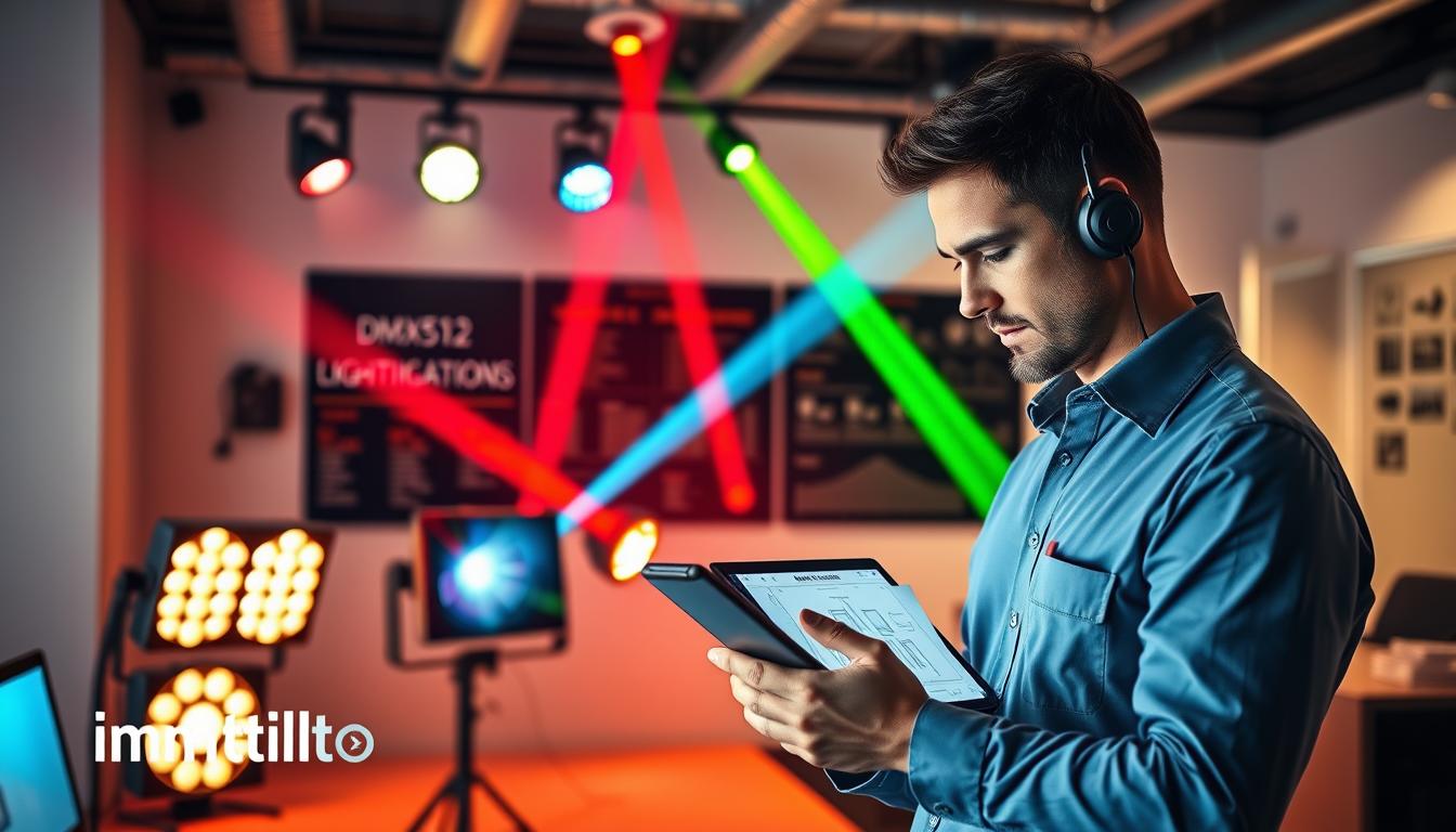A professional DMX lighting system support scene featuring a knowledgeable technician in a modern office environment. In the foreground, the technician, dressed in a crisp business shirt, is reviewing a sleek tablet displaying a lighting diagram. In the middle, various DMX512 light fixtures with illuminated beams casting vibrant colors across the room, showcasing their features. The background features a wall-mounted display with technical specifications and a tidy workspace. Soft, focused lighting creates a warm and inviting atmosphere, highlighting the professionalism and expertise of the support service. The brand "imltlled" is subtly incorporated into the design elements, enhancing the overall brand presence without being intrusive. The image reflects a seamless integration of technology and customer service, emphasizing reliability and support.