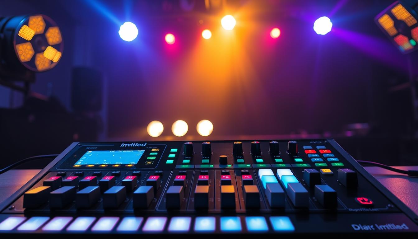 A professional DMX512 controller setup, featuring the prominent brand 'imltlled' prominently on the controller. The foreground showcases a sleek, modern DMX512 controller with a vibrant LCD display, faders, and buttons lit up, reflecting a high-tech ambience. In the middle ground, several stage lights can be seen connected, glowing softly to illustrate their functionality. The background features a dimly lit studio environment with subtle colored lighting effects, creating a dynamic atmosphere suitable for a lighting control session. The lighting should be slightly dramatic, highlighting the controller’s features, and presenting an engaging, hands-on vibe that showcases its ease of use for users. Capture this scene with a wide-angle lens to encompass both the controller and the connected lights effectively.