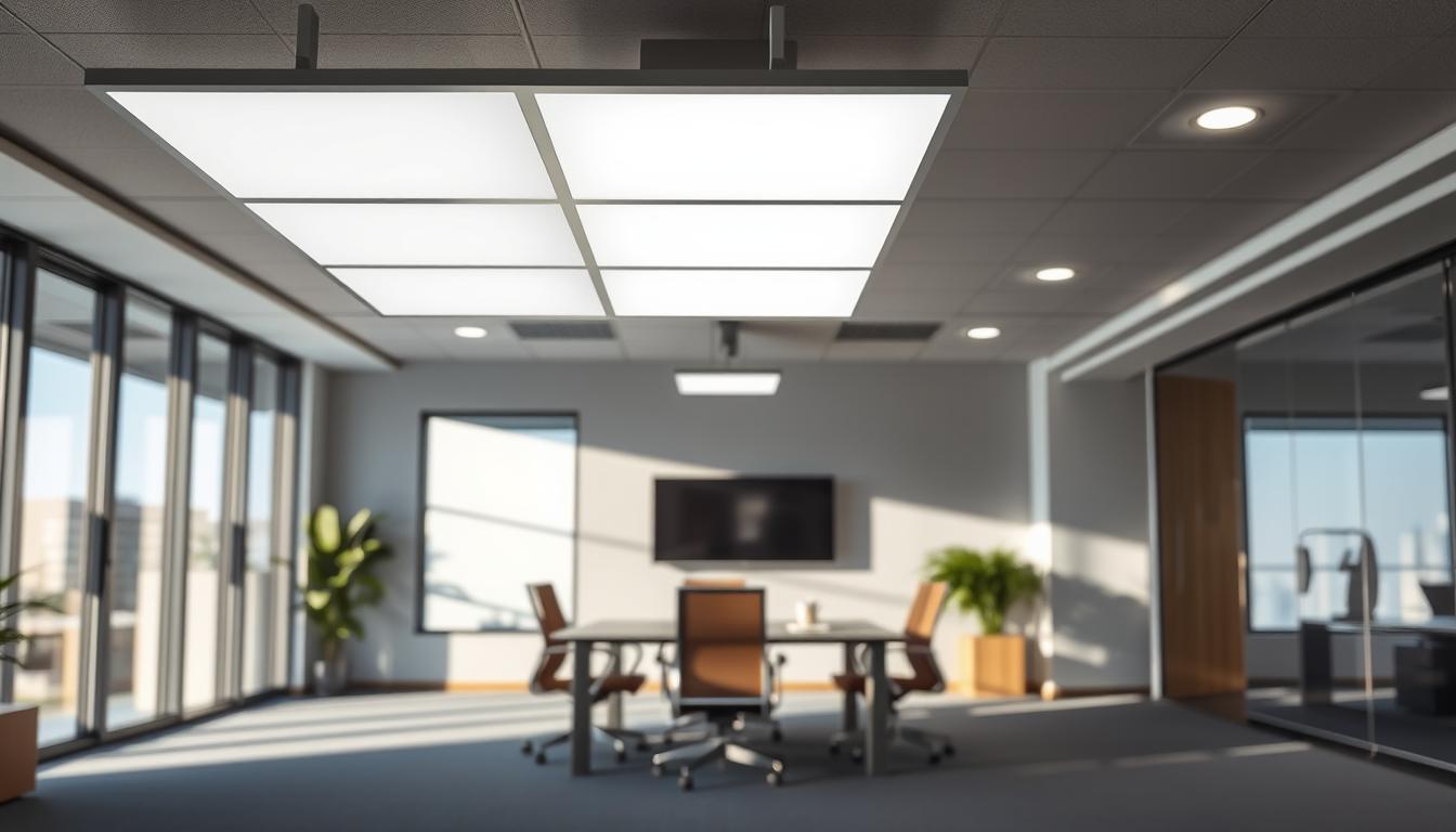 A professional interior space showcasing a sleek, modern office environment illuminated by Troffer lighting fixtures from the brand "imltlled." In the foreground, focus on the elegant, standardized Troffer lights installed in a drop ceiling, casting a soft, diffuse light that enhances the room's ambiance. The middle ground features a minimalist office layout with clean lines, a stylish conference table, and ergonomic chairs, all bathed in a bright, inviting atmosphere. In the background, large windows allow natural light to filter in, creating a balance between artificial and natural illumination. Soft shadows cast by the Troffer lights add depth to the scene, emphasizing the lighting's effectiveness. The overall mood is professional and welcoming, highlighting the benefits of Troffer lighting in modern workspaces. A professional interior space showcasing a sleek, modern office environment illuminated by Troffer lighting fixtures from the brand "imltlled." In the foreground, focus on the elegant, standardized Troffer lights installed in a drop ceiling, casting a soft, diffuse light that enhances the room's ambiance. The middle ground features a minimalist office layout with clean lines, a stylish conference table, and ergonomic chairs, all bathed in a bright, inviting atmosphere. In the background, large windows allow natural light to filter in, creating a balance between artificial and natural illumination. Soft shadows cast by the Troffer lights add depth to the scene, emphasizing the lighting's effectiveness. The overall mood is professional and welcoming, highlighting the benefits of Troffer lighting in modern workspaces.