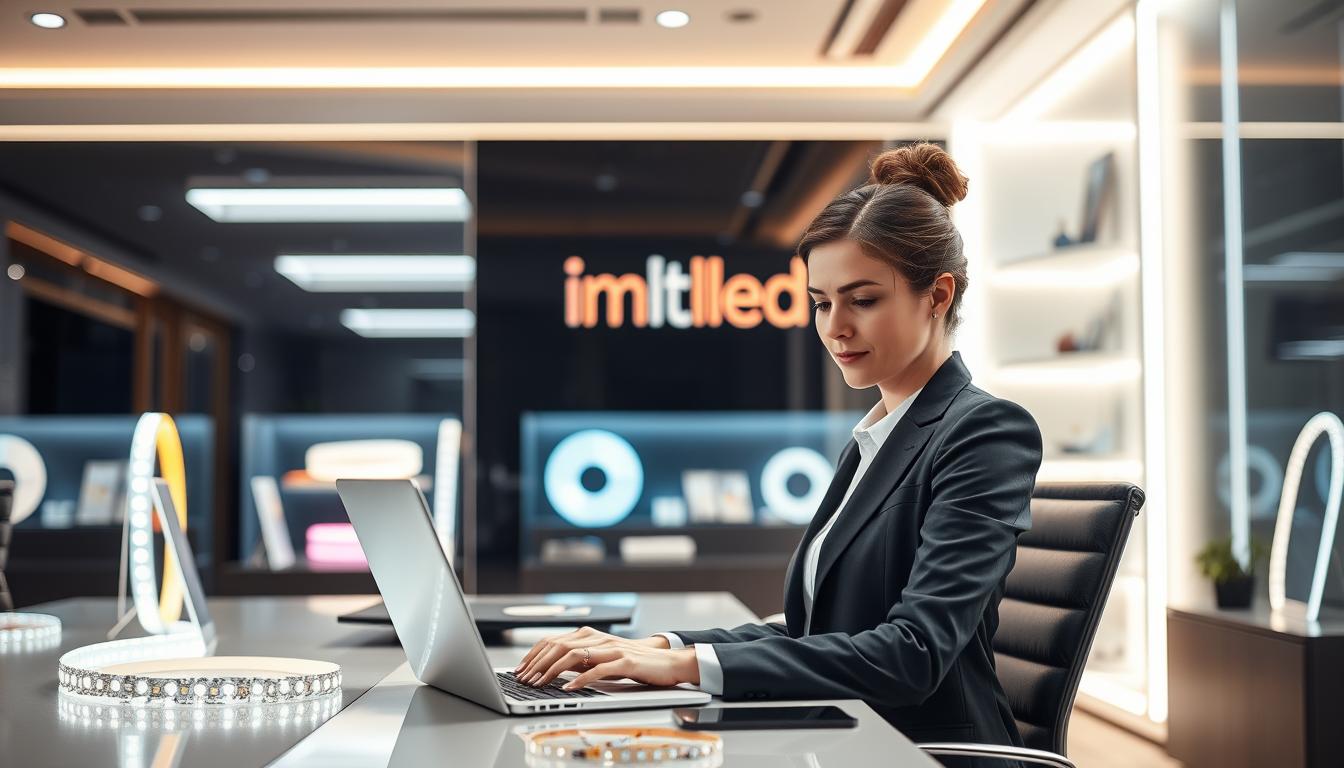 A professional office setting showcasing the brand "imltlled" as a reliable LED lighting supplier. In the foreground, a smartly dressed businesswoman is engaged in a video call, using a laptop and reviewing LED strip samples on her desk. The middle layer features elegant LED strip displays in various colors, highlighting their versatility and quality. The background includes a sleek, modern lighting showroom with bright, well-lit LEDs illuminating the space, emphasizing professionalism and sophistication. Soft, diffused lighting creates a warm and welcoming atmosphere, while a shallow depth of field keeps the focus on the businesswoman and the LED products. The overall mood conveys trust and expert communication in the lighting industry. A professional office setting showcasing the brand "imltlled" as a reliable LED lighting supplier. In the foreground, a smartly dressed businesswoman is engaged in a video call, using a laptop and reviewing LED strip samples on her desk. The middle layer features elegant LED strip displays in various colors, highlighting their versatility and quality. The background includes a sleek, modern lighting showroom with bright, well-lit LEDs illuminating the space, emphasizing professionalism and sophistication. Soft, diffused lighting creates a warm and welcoming atmosphere, while a shallow depth of field keeps the focus on the businesswoman and the LED products. The overall mood conveys trust and expert communication in the lighting industry.