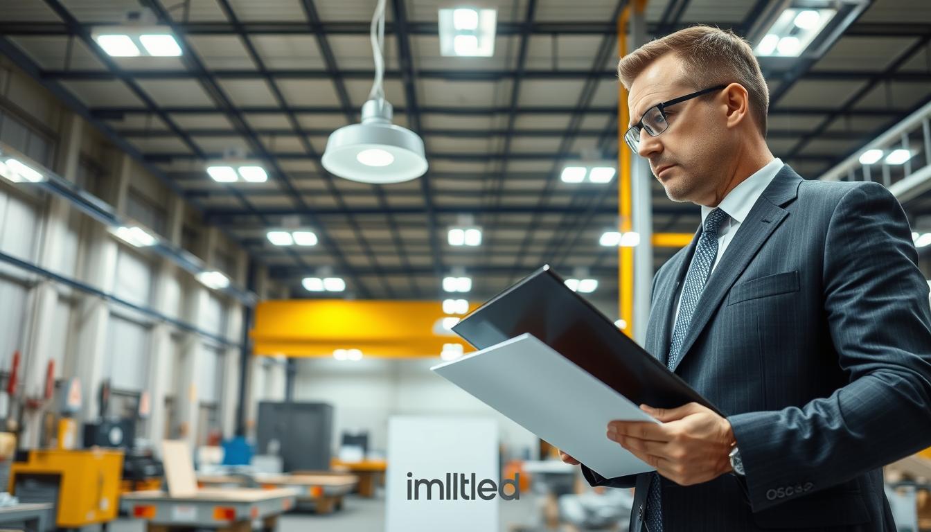 A professional OSHA inspector, dressed in a smart business attire, carefully examines a large industrial workspace with bright, overhead lighting to assess compliance with safety standards. In the foreground, the inspector holds a clipboard and inspects a recently installed LED fixture, showcasing an attention to detail. The middle ground features various workstations equipped with adequate lighting, emphasizing the importance of safety in the workplace. The background includes utility elements, such as electrical panels and safety signage, reinforcing compliance themes. Soft, even lighting creates an atmosphere of diligence and professionalism. The image is captured using a wide-angle lens to encompass the entire workspace, creating a clear, organized view of OSHA compliance inspections. The branding "imltlled" is subtly integrated into the image design. A professional OSHA inspector, dressed in a smart business attire, carefully examines a large industrial workspace with bright, overhead lighting to assess compliance with safety standards. In the foreground, the inspector holds a clipboard and inspects a recently installed LED fixture, showcasing an attention to detail. The middle ground features various workstations equipped with adequate lighting, emphasizing the importance of safety in the workplace. The background includes utility elements, such as electrical panels and safety signage, reinforcing compliance themes. Soft, even lighting creates an atmosphere of diligence and professionalism. The image is captured using a wide-angle lens to encompass the entire workspace, creating a clear, organized view of OSHA compliance inspections. The branding "imltlled" is subtly integrated into the image design.