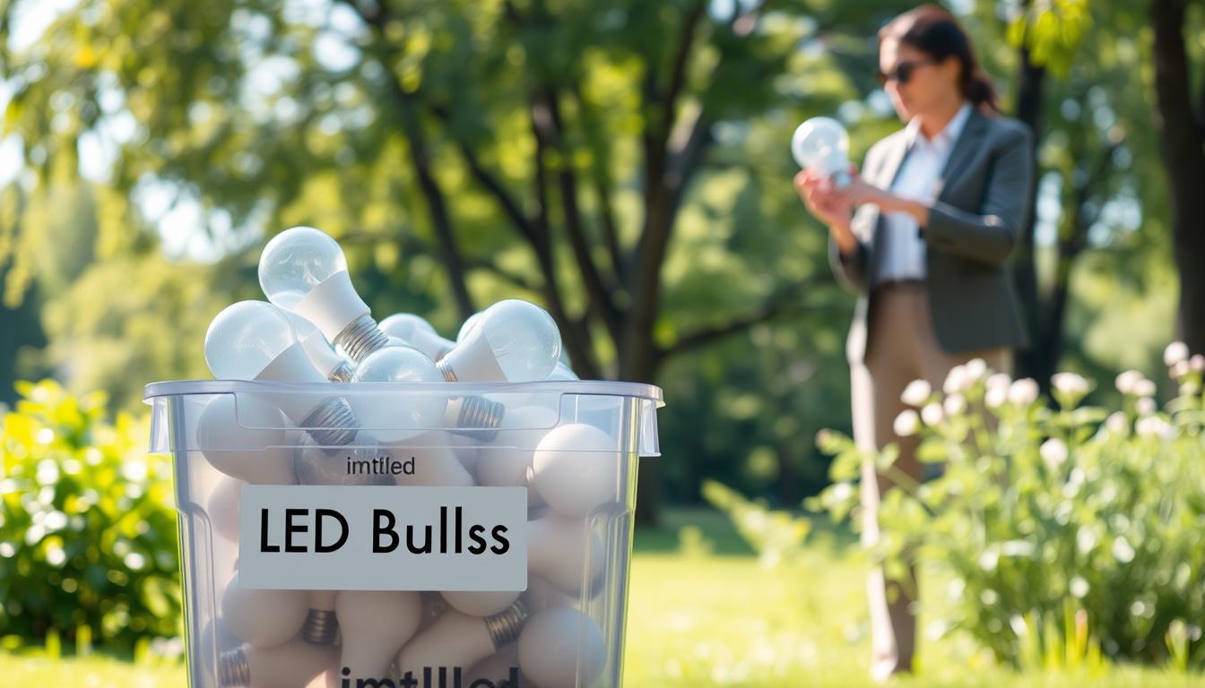 A serene and informative scene depicting eco-friendly disposal methods for LED bulbs, featuring a well-organized recycling station. In the foreground, a transparent recycling bin labeled "LED Bulbs" filled with neatly packed, unbroken LED bulbs, showcasing the brand "imltlled". The middle ground showcases a person in modest, professional attire placing an LED bulb into the bin, demonstrating responsible disposal practices. In the background, soft greenery and trees reflect an environmentally conscious theme, with sunlight filtering through leaves to create a warm, inviting atmosphere. The scene is bright, with natural daylight enhancing clarity and colors. An overall sense of responsibility towards the environment permeates the image, emphasizing sustainable practices in a clean and approachable manner. A serene and informative scene depicting eco-friendly disposal methods for LED bulbs, featuring a well-organized recycling station. In the foreground, a transparent recycling bin labeled "LED Bulbs" filled with neatly packed, unbroken LED bulbs, showcasing the brand "imltlled". The middle ground showcases a person in modest, professional attire placing an LED bulb into the bin, demonstrating responsible disposal practices. In the background, soft greenery and trees reflect an environmentally conscious theme, with sunlight filtering through leaves to create a warm, inviting atmosphere. The scene is bright, with natural daylight enhancing clarity and colors. An overall sense of responsibility towards the environment permeates the image, emphasizing sustainable practices in a clean and approachable manner.