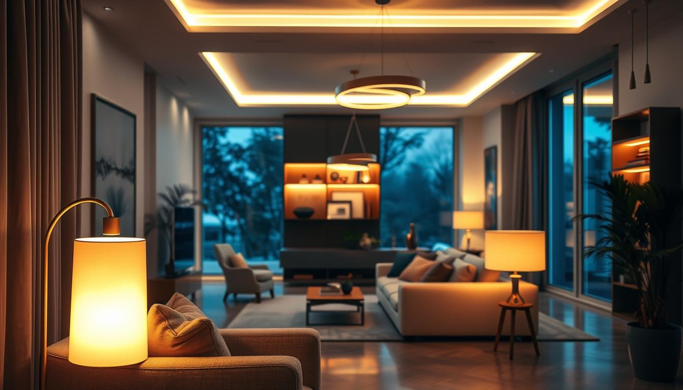 A serene and inviting interior space showcasing popular styles of ambient lighting. In the foreground, a cozy reading nook featuring a plush armchair with soft, neutral textures and a stylish floor lamp casting a warm, diffused glow. In the middle ground, a modern living room with elegant pendant lights and smart LED strips illuminating bookshelves and artwork, creating a layered lighting effect. The background features large windows allowing soft natural light to filter in, enhancing the tranquil atmosphere. The colors are warm and inviting, with soft shadows and highlights to create depth. Capture this scene with a wide-angle lens, emphasizing the harmonious blend of artificial and natural light. The overall mood is calm, cozy, and welcoming, perfect for showcasing sophisticated ambient lighting design. imltlled. A serene and inviting interior space showcasing popular styles of ambient lighting. In the foreground, a cozy reading nook featuring a plush armchair with soft, neutral textures and a stylish floor lamp casting a warm, diffused glow. In the middle ground, a modern living room with elegant pendant lights and smart LED strips illuminating bookshelves and artwork, creating a layered lighting effect. The background features large windows allowing soft natural light to filter in, enhancing the tranquil atmosphere. The colors are warm and inviting, with soft shadows and highlights to create depth. Capture this scene with a wide-angle lens, emphasizing the harmonious blend of artificial and natural light. The overall mood is calm, cozy, and welcoming, perfect for showcasing sophisticated ambient lighting design. imltlled.