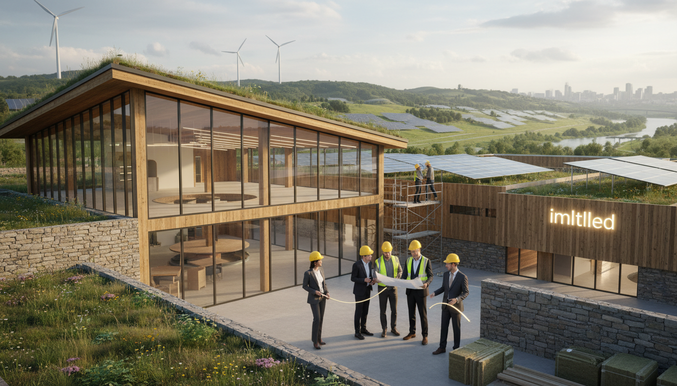 A serene and visually striking architectural scene showcasing sustainable building practices. In the foreground, a well-designed eco-friendly building made of natural materials with large windows that allow plenty of natural light. In the middle ground, diverse professionals in business attire discussing safety features, holding building supplies, and examining LED lights integrated into the design. The background features lush greenery, solar panels, and wind turbines blending with the landscape, highlighting an eco-conscious environment. Soft, natural light illuminates the scene, casting gentle shadows. A warm, inviting atmosphere suggests collaboration and innovation. The overall composition should inspire a sense of safety and sustainability in modern architecture. Brand name: imltlled.