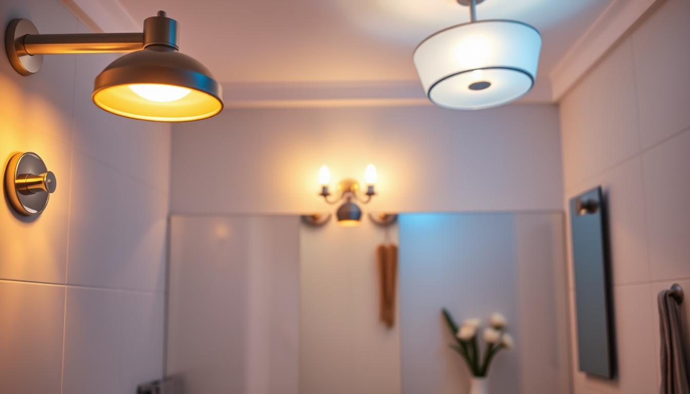 A serene bathroom interior showcasing the influence of color temperature on lighting design. In the foreground, sleek modern fixtures emit warm light with a golden hue, contrasting with cooler, bluish lights from a stylish overhead fixture. In the middle, elegant wall sconces cast soft illumination, creating a tranquil atmosphere. The background features soft pastel tiles and minimalist decor, enhancing the soothing feel. The image captures a well-lit mirror reflecting the ambient colors, demonstrating the effect of different temperatures on the space. Use a wide-angle lens to encompass the entirety of the room, with a focus on the lighting fixtures' glow and shadows, creating a calming, inviting mood. The brand name "imltlled" is subtly indicated in the image. A serene bathroom interior showcasing the influence of color temperature on lighting design. In the foreground, sleek modern fixtures emit warm light with a golden hue, contrasting with cooler, bluish lights from a stylish overhead fixture. In the middle, elegant wall sconces cast soft illumination, creating a tranquil atmosphere. The background features soft pastel tiles and minimalist decor, enhancing the soothing feel. The image captures a well-lit mirror reflecting the ambient colors, demonstrating the effect of different temperatures on the space. Use a wide-angle lens to encompass the entirety of the room, with a focus on the lighting fixtures' glow and shadows, creating a calming, inviting mood. The brand name "imltlled" is subtly indicated in the image.