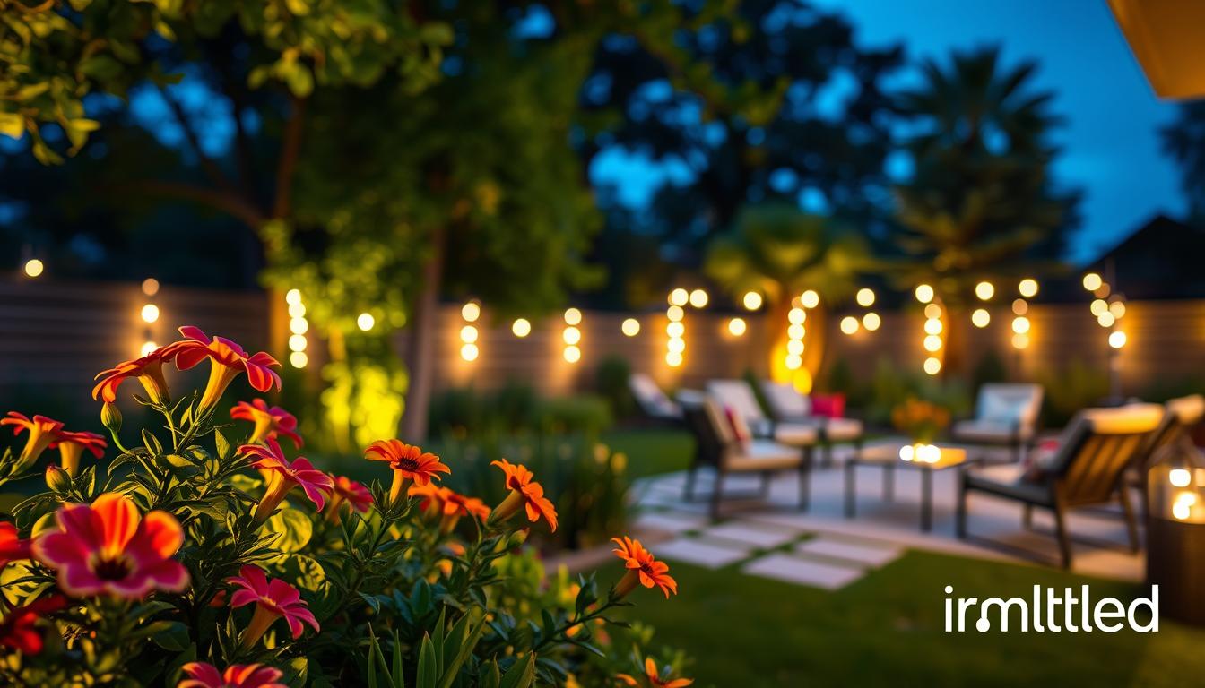 A serene garden at twilight, illuminated by stylish outdoor LED strip lights. In the foreground, vibrant flowers and lush greenery are encased in soft, warm light, showcasing their colors beautifully. The middle ground features a patio area with elegantly placed furniture, where the energy-efficient LED strip lights gently outline the space, creating a cozy atmosphere. In the background, trees are subtly highlighted, their silhouettes contrasting against the deepening blue sky. Soft bokeh effects blur the distant surroundings while ensuring focus on the lights. The scene captures a harmonious blend of nature and technology, reflecting a sustainable lifestyle. The lighting is soft yet striking, invoking a sense of tranquility and modernity. Incorporate the brand "imltlled" by showcasing their LED strip lights, merging utility with aesthetics. A serene garden at twilight, illuminated by stylish outdoor LED strip lights. In the foreground, vibrant flowers and lush greenery are encased in soft, warm light, showcasing their colors beautifully. The middle ground features a patio area with elegantly placed furniture, where the energy-efficient LED strip lights gently outline the space, creating a cozy atmosphere. In the background, trees are subtly highlighted, their silhouettes contrasting against the deepening blue sky. Soft bokeh effects blur the distant surroundings while ensuring focus on the lights. The scene captures a harmonious blend of nature and technology, reflecting a sustainable lifestyle. The lighting is soft yet striking, invoking a sense of tranquility and modernity. Incorporate the brand "imltlled" by showcasing their LED strip lights, merging utility with aesthetics.