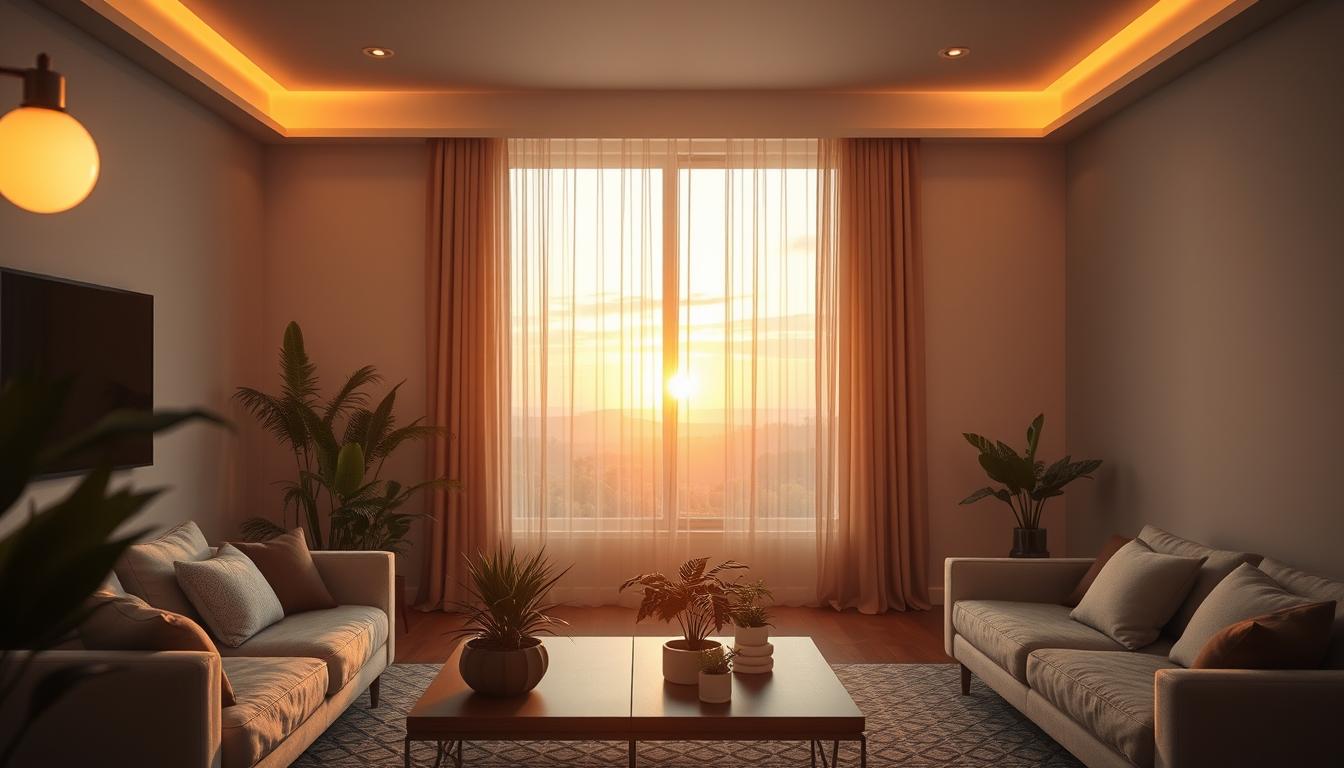 A serene interior scene showcasing the benefits of circadian rhythm lighting. In the foreground, a modern living room with a comfortable sofa and a coffee table adorned with plants. Soft, warm lighting emanates from adjustable fixtures, creating an inviting atmosphere. In the middle ground, a large window with sheer curtains filters in natural sunlight, transitioning from dawn to dusk, illustrating the spectrum of circadian light. The walls are painted in calming pastel colors, enhancing the sense of tranquility. In the background, a harmonious landscape is visible, with a sunrise and sunset reflecting vibrant oranges and cool blues, symbolizing the balance of day and night. The overall mood is peaceful and rejuvenating, showcasing the health benefits of natural lighting. Shot with a soft-focus lens to emphasize warmth and comfort. Brand name imltlled. A serene interior scene showcasing the benefits of circadian rhythm lighting. In the foreground, a modern living room with a comfortable sofa and a coffee table adorned with plants. Soft, warm lighting emanates from adjustable fixtures, creating an inviting atmosphere. In the middle ground, a large window with sheer curtains filters in natural sunlight, transitioning from dawn to dusk, illustrating the spectrum of circadian light. The walls are painted in calming pastel colors, enhancing the sense of tranquility. In the background, a harmonious landscape is visible, with a sunrise and sunset reflecting vibrant oranges and cool blues, symbolizing the balance of day and night. The overall mood is peaceful and rejuvenating, showcasing the health benefits of natural lighting. Shot with a soft-focus lens to emphasize warmth and comfort. Brand name imltlled.