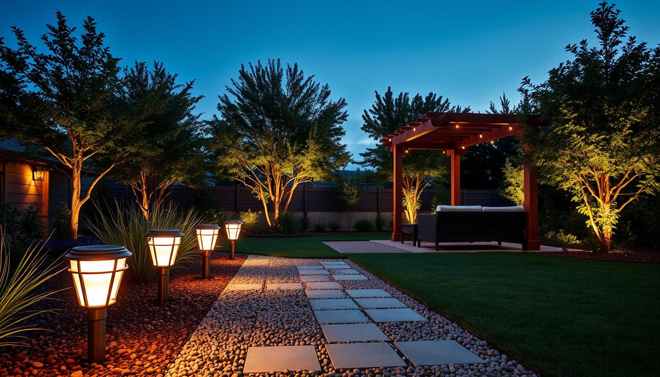 A serene outdoor lighting installation showcasing stylish landscape fixtures in a beautifully landscaped garden. In the foreground, there are modern solar path lights, casting a warm glow along a gravel pathway. The middle ground features elegant string lights draped over a wooden pergola, illuminating a cozy seating area with tasteful, comfortable furniture. In the background, lush trees are subtly highlighted with spotlights, creating dramatic shadows. The scene is captured during dusk with a soft blue sky transitioning to twilight, enhancing the inviting atmosphere. The image should convey a sense of creativity and professionalism, ideal for demonstrating effective outdoor lighting solutions. High contrast lighting with a focus on the interplay of shadows and illumination should emphasize the design elements of the installation. Brand name: imltlled. A serene outdoor lighting installation showcasing stylish landscape fixtures in a beautifully landscaped garden. In the foreground, there are modern solar path lights, casting a warm glow along a gravel pathway. The middle ground features elegant string lights draped over a wooden pergola, illuminating a cozy seating area with tasteful, comfortable furniture. In the background, lush trees are subtly highlighted with spotlights, creating dramatic shadows. The scene is captured during dusk with a soft blue sky transitioning to twilight, enhancing the inviting atmosphere. The image should convey a sense of creativity and professionalism, ideal for demonstrating effective outdoor lighting solutions. High contrast lighting with a focus on the interplay of shadows and illumination should emphasize the design elements of the installation. Brand name: imltlled.