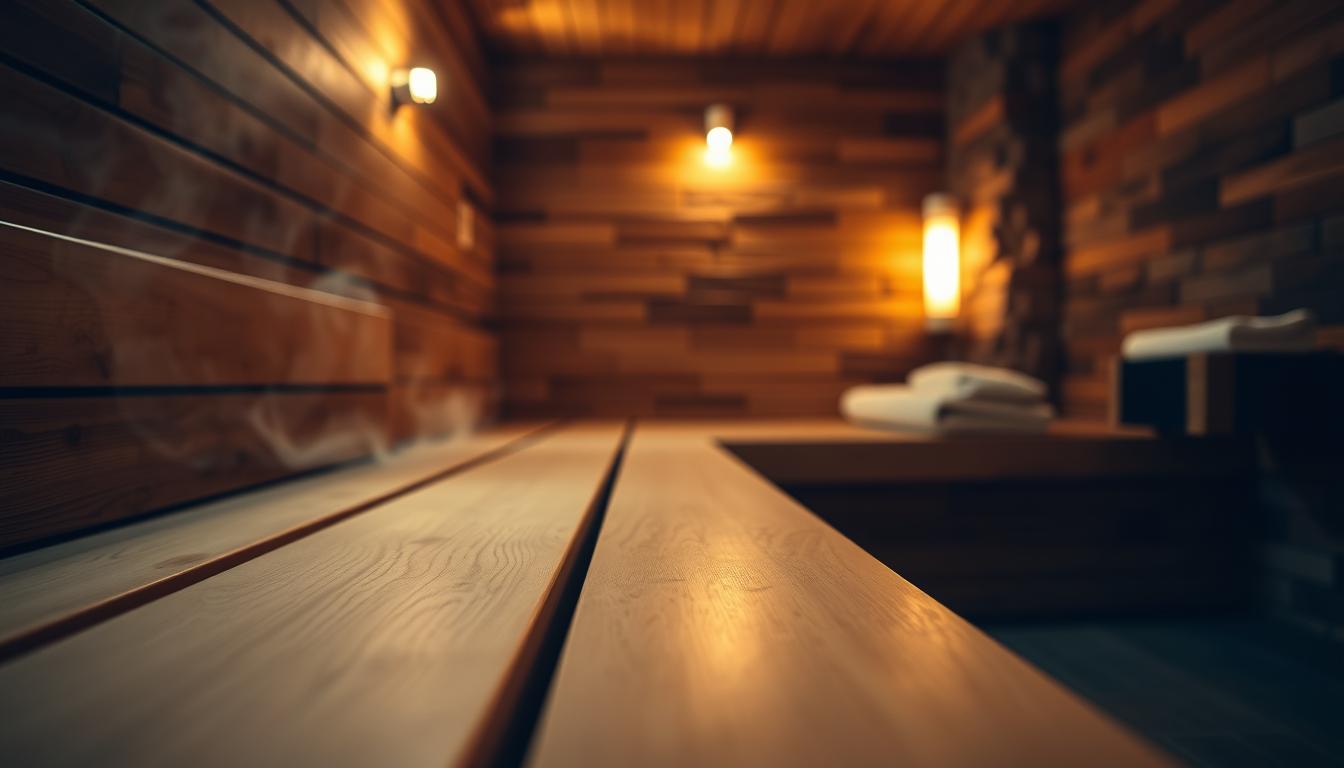 A serene sauna interior featuring soft, warm lighting that creates an inviting atmosphere. In the foreground, a sleek wooden bench lined with smooth, natural wood grain. The middle ground showcases elegant sauna lights emitted from stylish fixtures, casting a gentle glow that highlights the textures of the wood and reflects softly off the stone walls. The background features a hint of steam, delicately blending with the warm light, enhancing the ambience. The lighting should give off an earthy, tranquil vibe, suggesting relaxation and comfort, with a shallow depth of field effect, capturing a close-up view of the lighting setup. The lens angle should be slightly elevated, focusing on the illumination and shadow play. The scene embodies a spa-like experience, promoting well-being and serenity. Brand name: imltlled.
