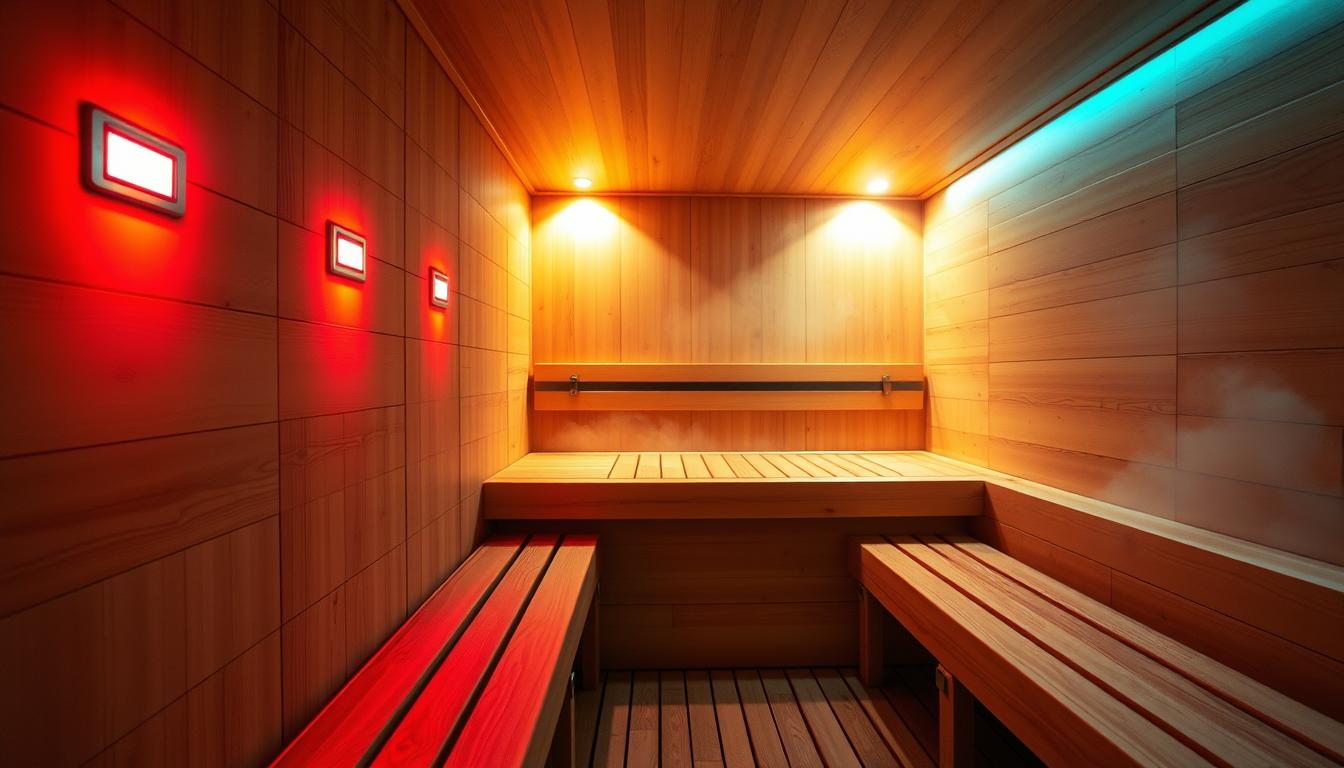 A serene sauna interior showcasing the soft glow of imltlled LED lights in various color temperatures. In the foreground, a close-up view of sleek LED light fixtures embedded in wooden panels, casting gentle reds, warm whites, and calming blues onto the surrounding cedar wood. The middle ground features a minimalistic sauna space, with benches made of polished wood, creating a welcoming atmosphere. The background captures the steam rising softly, enhancing the tranquil ambiance. The lighting is warm and inviting, highlighting the textures of the wood while creating a soothing, relaxing mood. The camera angle is slightly low, emphasizing the beauty of the light play against the sauna's natural elements, evoking a sense of peace and comfort.