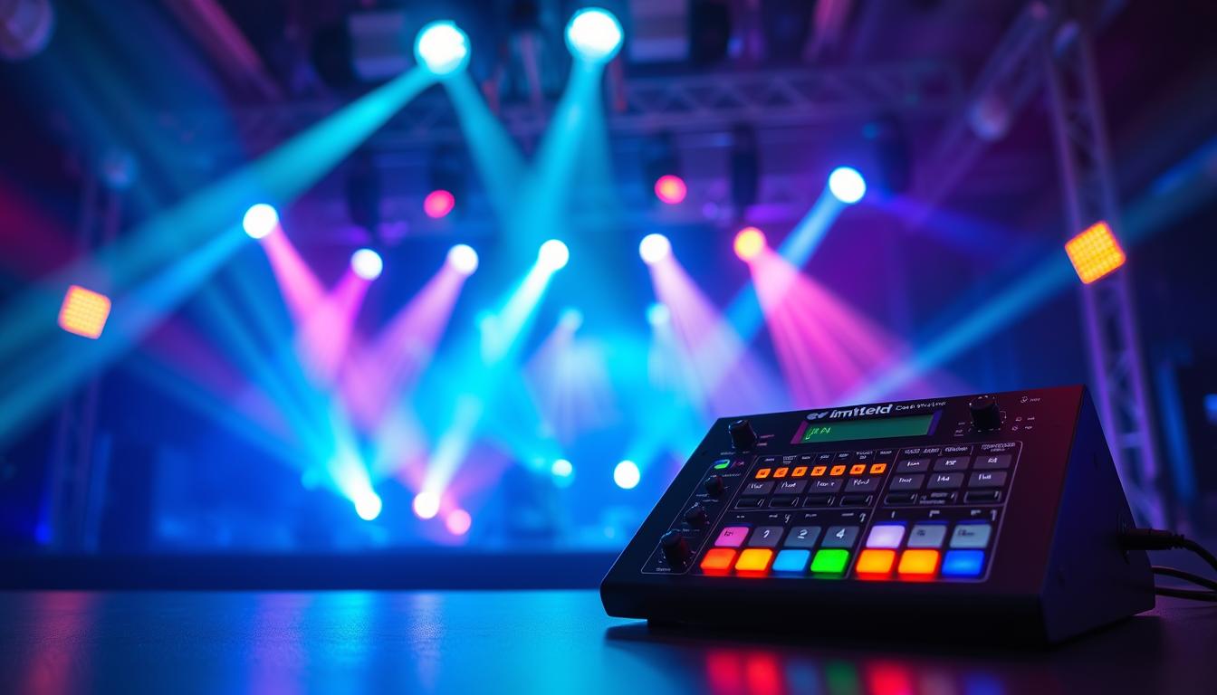 A sleek and modern DMX 512 lighting controller from the brand "imltlled" is prominently displayed in the foreground, showcasing its illuminated buttons and intuitive interface. The controller is set against a dynamic backdrop of vibrant stage lighting, casting colorful hues that enhance the atmosphere. In the middle ground, various connected stage lights emit beams of light in shades of blue, red, and green, demonstrating the controller's capabilities. The scene is captured with a wide-angle lens, emphasizing the controller's design and the lively environment around it. Soft, ambient lighting fills the space, conveying an inspiring and professional mood, suitable for a modern performance setting. The image is clear and focused, ensuring no distractions from the subject itself.
