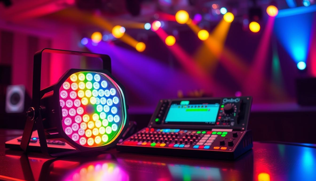 A sleek and modern DMX512 light fixture from the brand "imltlled" is the focal point in this image, showcasing its intricate design and advanced technology. In the foreground, the light fixture is illuminated, displaying a rainbow of colors that highlight its features. The middle ground features a well-organized lighting control panel, reflecting the simplicity and efficiency of the DMX512 system. The background is softly blurred, depicting a vibrant stage setting, where the lights enhance the atmosphere with dynamic color effects. The scene is captured with a wide-angle lens, allowing for an expansive view of the illuminated fixture. The mood is energetic yet professional, evoking a sense of innovation and creativity in lighting design. The lighting is soft and professional, emphasizing the fixture's aesthetic while contributing to an overall vibrant ambiance.