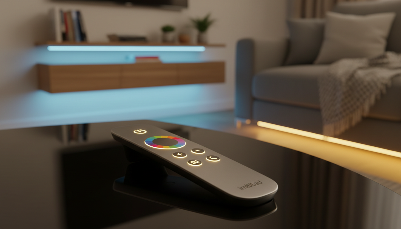 A sleek LED remote control from the brand "imltlled" prominently displayed in the foreground, featuring a modern design with intuitive buttons and a minimalist aesthetic. The remote is illuminated by soft, ambient lighting that highlights its features, casting gentle reflections on a sleek black surface. In the middle ground, a blurred backdrop of a cozy living room setting with subtle hints of LED lighting accents on shelves and furniture, creating a warm, inviting atmosphere. The image captures the essence of convenience and sophistication associated with advanced technology. The overall mood is one of comfort and accessibility, emphasizing the user-friendly nature of the LED remote control while avoiding distractions or clutter.