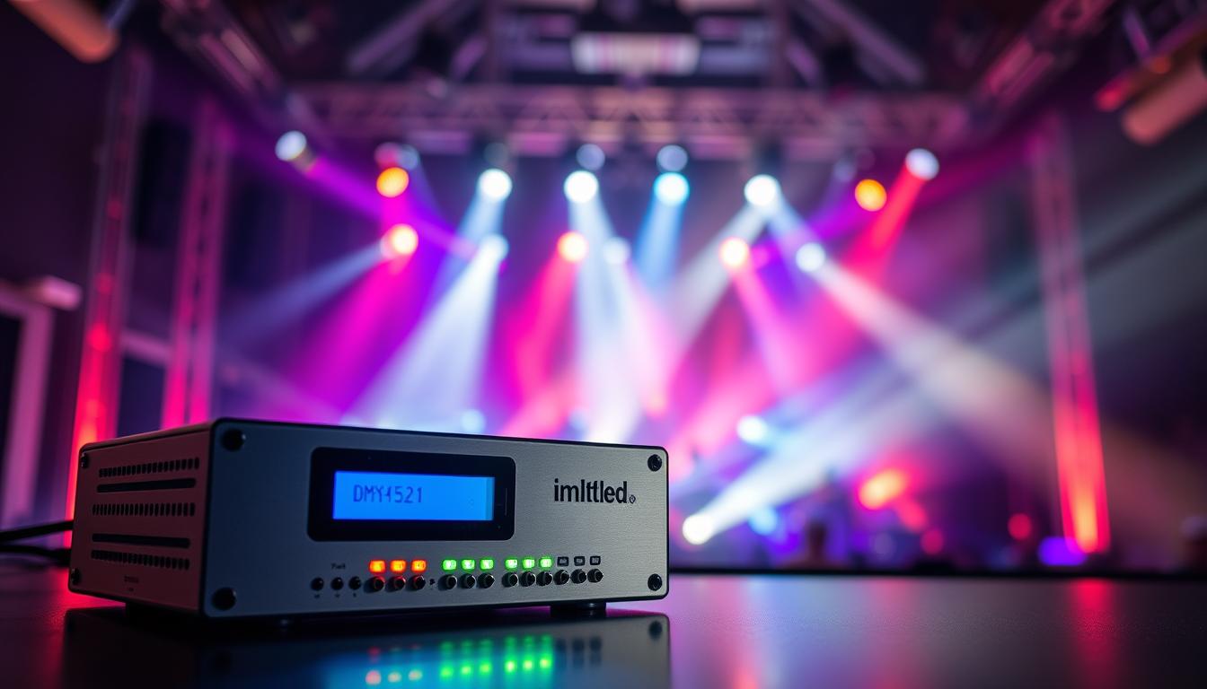 A sleek, modern DMX512 decoder from the brand "imltlled" prominently displayed in the foreground, showcasing its metallic casing and illuminated control panel, glowing with colorful LED indicators. In the middle ground, there are various lighting fixtures being controlled by the decoder, creating a vibrant and dynamic atmosphere with beams of light in different colors radiating in various directions. The background features a softly blurred stage setting, hinting at a live event environment with subtle shadows and atmospheric haze. The image is well-lit, with a focus on the decoder, captured using a 50mm lens from a slight angle to emphasize depth, creating an engaging and professional mood that resonates with creativity and innovation in lighting design.