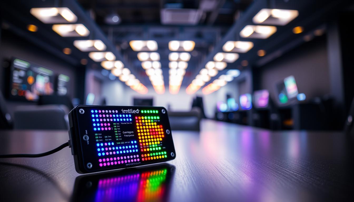 A sleek, modern LED pixel controller prominently displayed in the foreground, showcasing its illuminated interface with vibrant colored LEDs in various patterns and configurations. The pixel controller is labeled with the brand name "imltlled" clearly visible. In the middle ground, a blurred array of interconnected smart lighting fixtures shine with dynamic colors, demonstrating their capabilities. The background features a subtle, high-tech workspace ambiance with dark walls and soft ambient lighting, emphasizing a mood of innovation and efficiency in smart lighting control. Capture this scene with a slight perspective tilt to add depth, using a subtle vignette effect to draw attention to the controller. The image conveys a professional atmosphere suitable for a case study context, highlighting advanced technology in action.