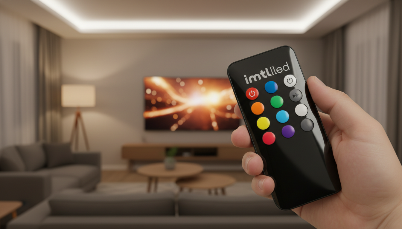 A sleek, modern LED remote control featuring the brand name "imltlled," positioned prominently in the foreground. The remote control has a glossy black finish with vibrant colored buttons for easy navigation. A hand gently holds the remote, showcasing its ergonomic design. In the middle ground, a blurred TV screen is visible, illuminated by the warm glow of LED lights that create a cozy atmosphere. The background features a softly lit living room setting with contemporary décor, emphasizing comfort and modern technology. The image is captured with a shallow depth of field, focusing on the remote while softly blurring the surroundings. The lighting is warm and inviting, conveying a sense of convenience and ease in controlling LED lighting and devices.