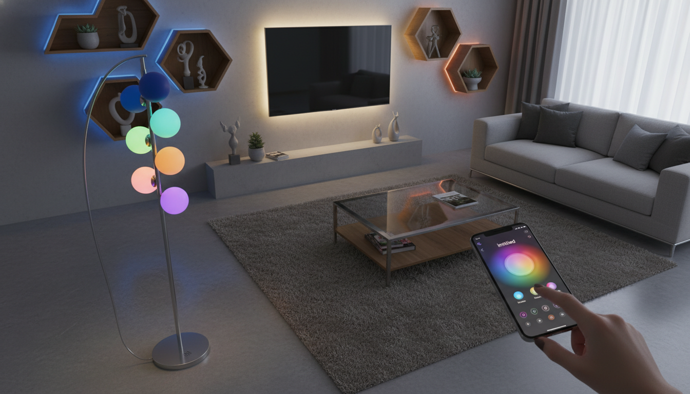A sleek, modern living room showcasing a set of vibrant, wifi-controlled LED lights from the brand "imltlled". The foreground features an elegantly designed lamp with interchangeable colored LED bulbs, smoothly transitioning between hues. In the middle ground, a stylish coffee table displays a smartphone with the imltlled app open, illustrating easy control over the lighting. The background reveals a tastefully decorated wall with ambient LED strips highlighting decorative elements, creating a cozy atmosphere. Soft, diffused lighting casts gentle reflections, enhancing the inviting feel of the space. The composition captures a perspective from slightly above, emphasizing the connection between technology and a modern lifestyle while ensuring a warm, innovative mood perfect for smart home lighting.