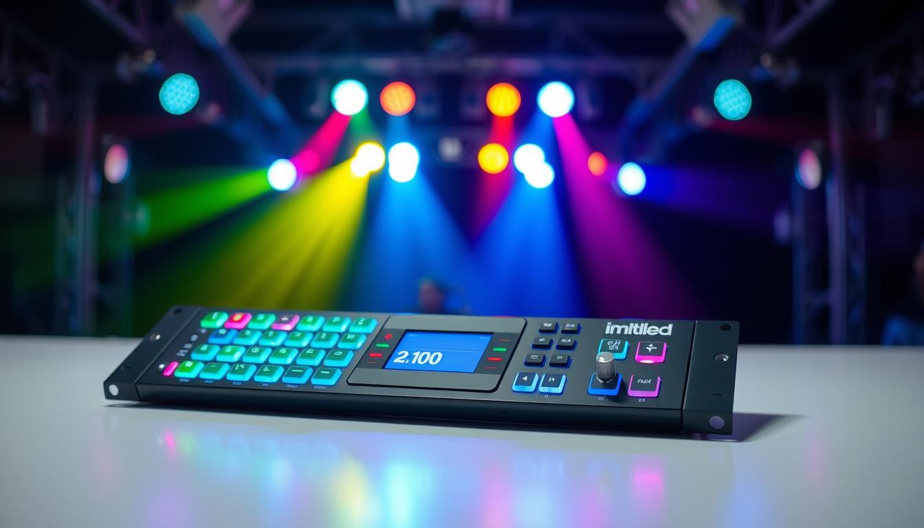 A sleek, modern programmable lighting controller designed for DMX 512 systems, prominently displayed in the foreground. The device features a glossy black finish with vibrant, illuminated buttons and a digital display, showcasing various color options and settings. In the middle, a soft, adjustable LED lighting setup creates an ambient glow, highlighting the controller's capabilities. In the background, a collection of stage lights cast colorful beams, reflecting a lively, creative atmosphere. The scene is well-lit, emphasizing the controller's features, captured from a slightly elevated angle to showcase its usability. The mood is professional yet dynamic, embodying the potential for smart lighting control in performance settings. The brand name "imltlled" is subtly integrated into the design of the controller.